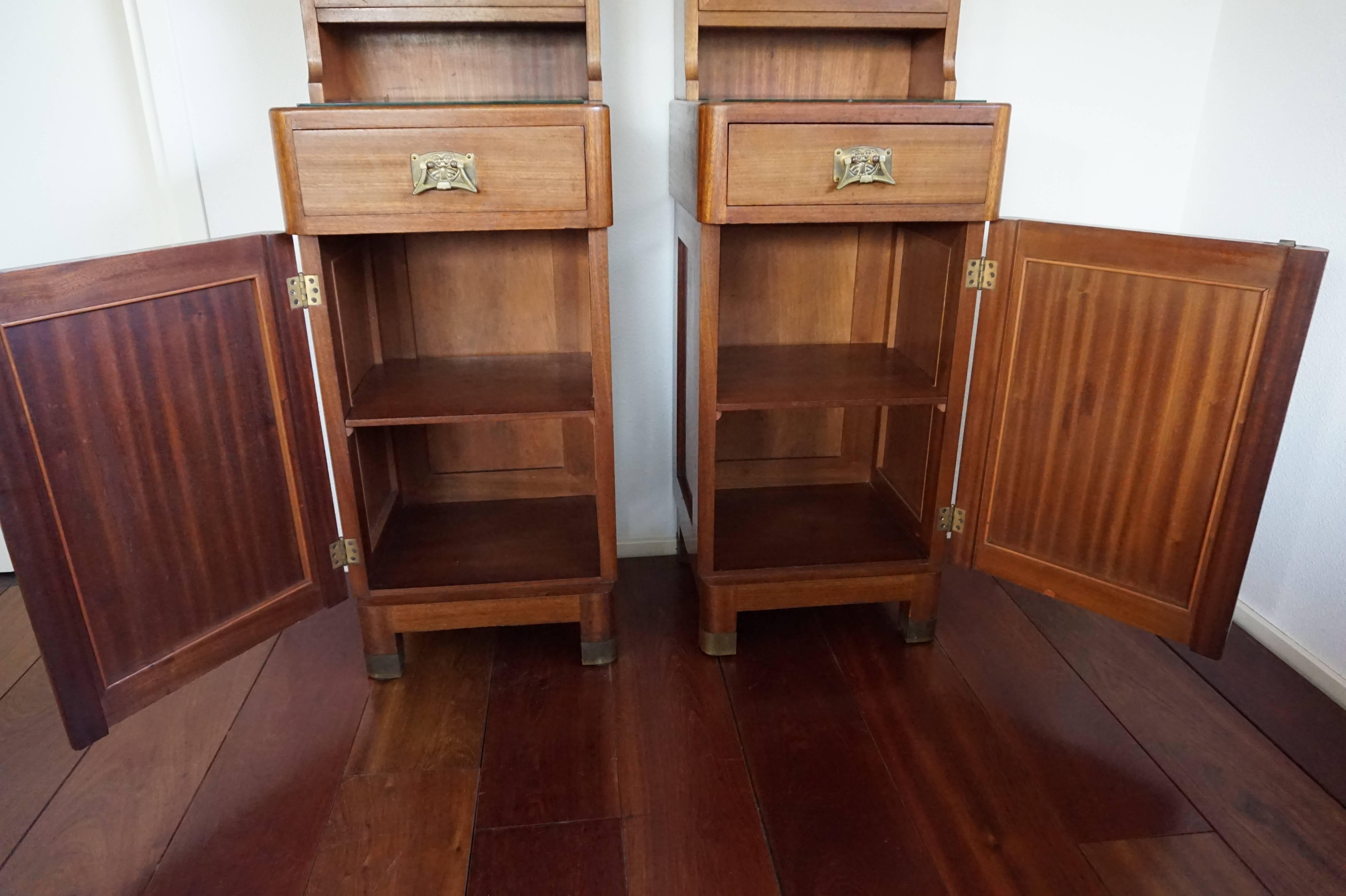 Wonderful Mahogany Art Nouveau Bedside Tables / Nightstands with Satinwood Inlay 2