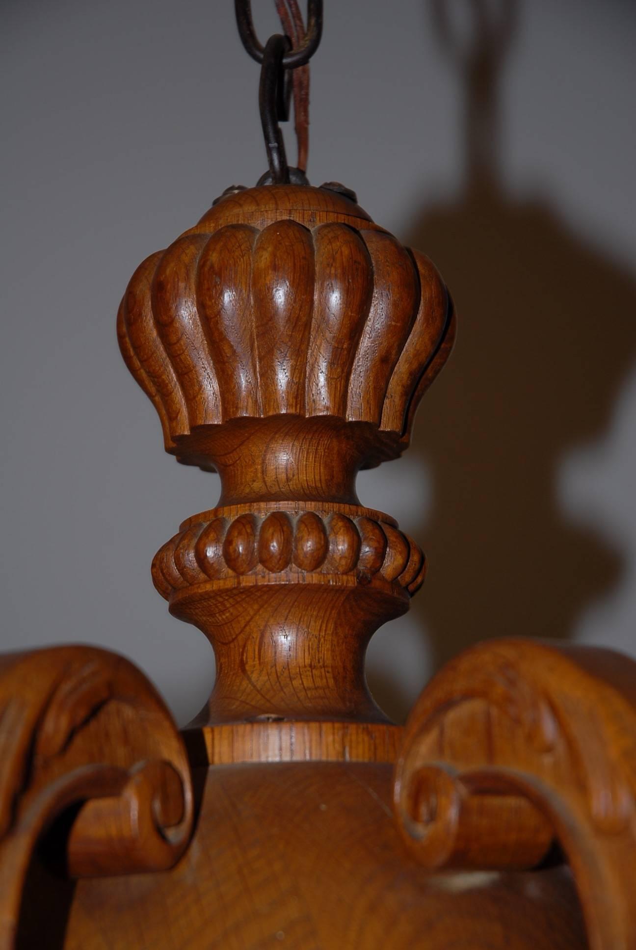 European Arts & Crafts, Vienna Carved Unique Shape Tiger Oak Chandelier / Pendant Light For Sale