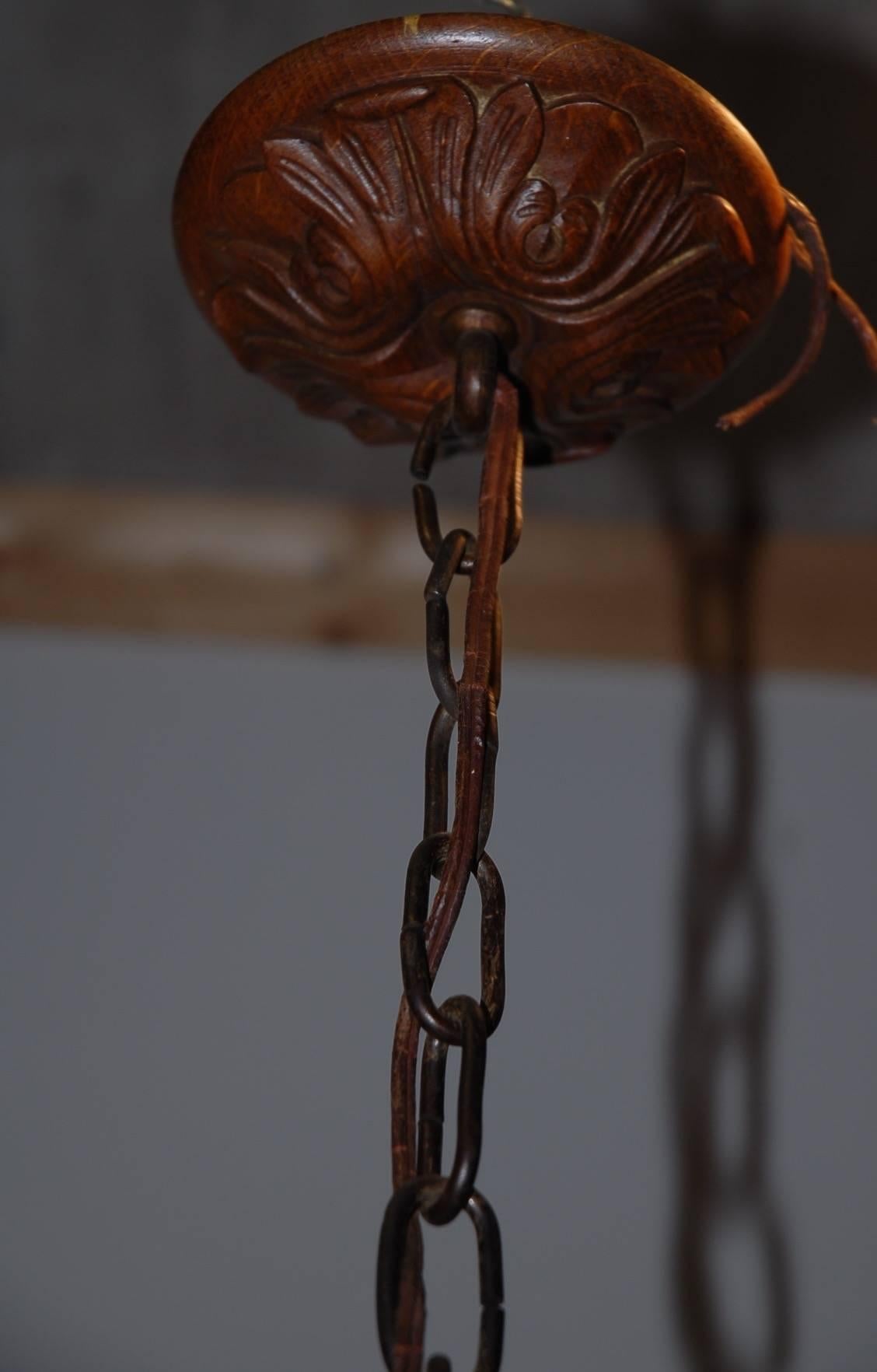Hand-Carved Arts & Crafts, Vienna Carved Unique Shape Tiger Oak Chandelier / Pendant Light For Sale