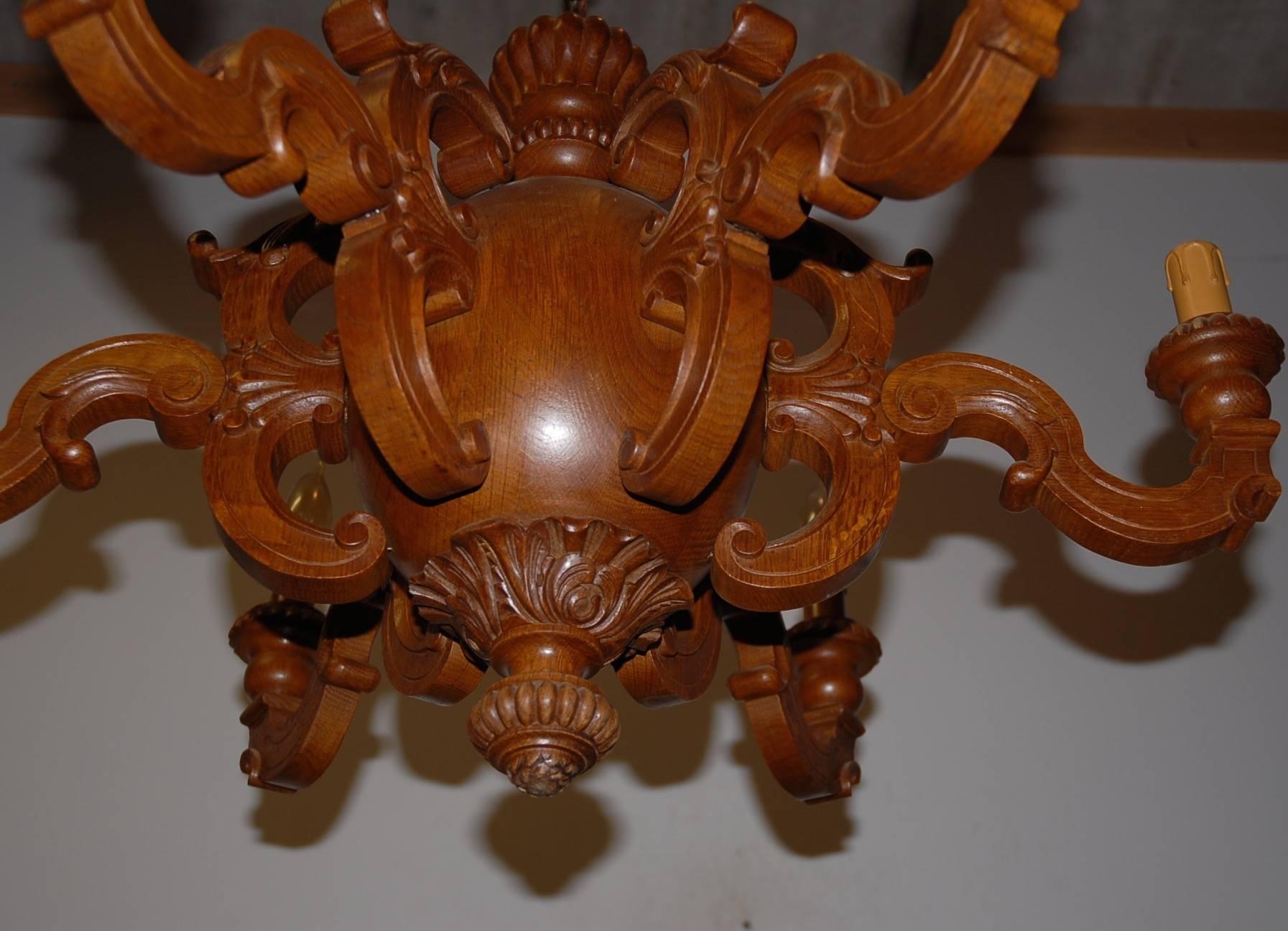 Wood Arts & Crafts, Vienna Carved Unique Shape Tiger Oak Chandelier / Pendant Light For Sale