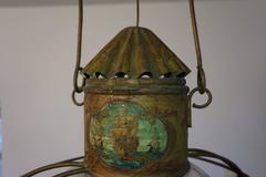 Rare Early 20th Century Ships Lantern Pendant + Hand-Painted Galleon Decor
