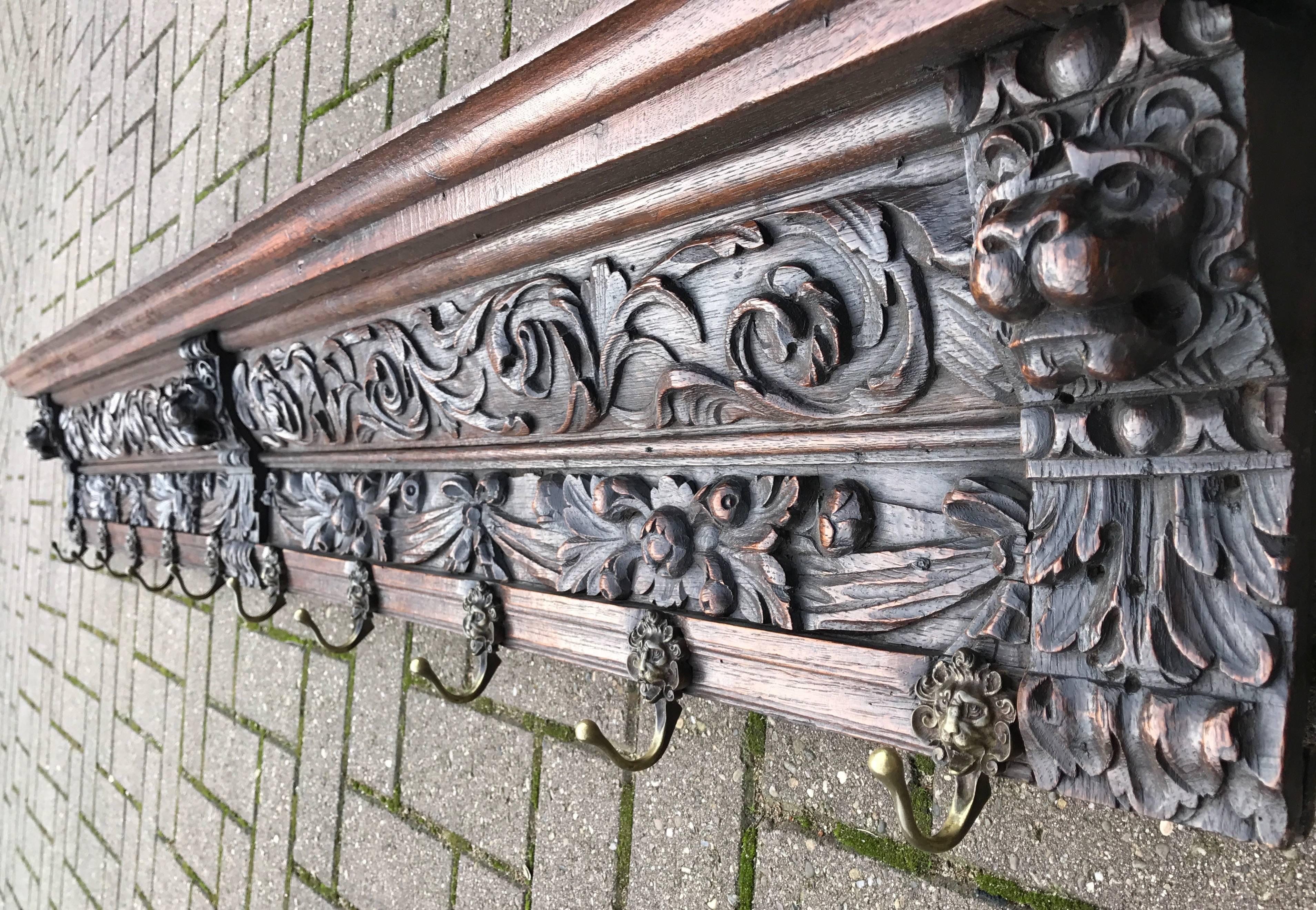 Dutch Large late18th Century Carved Oak and Cast Bronze Lion Wall Coat Rack