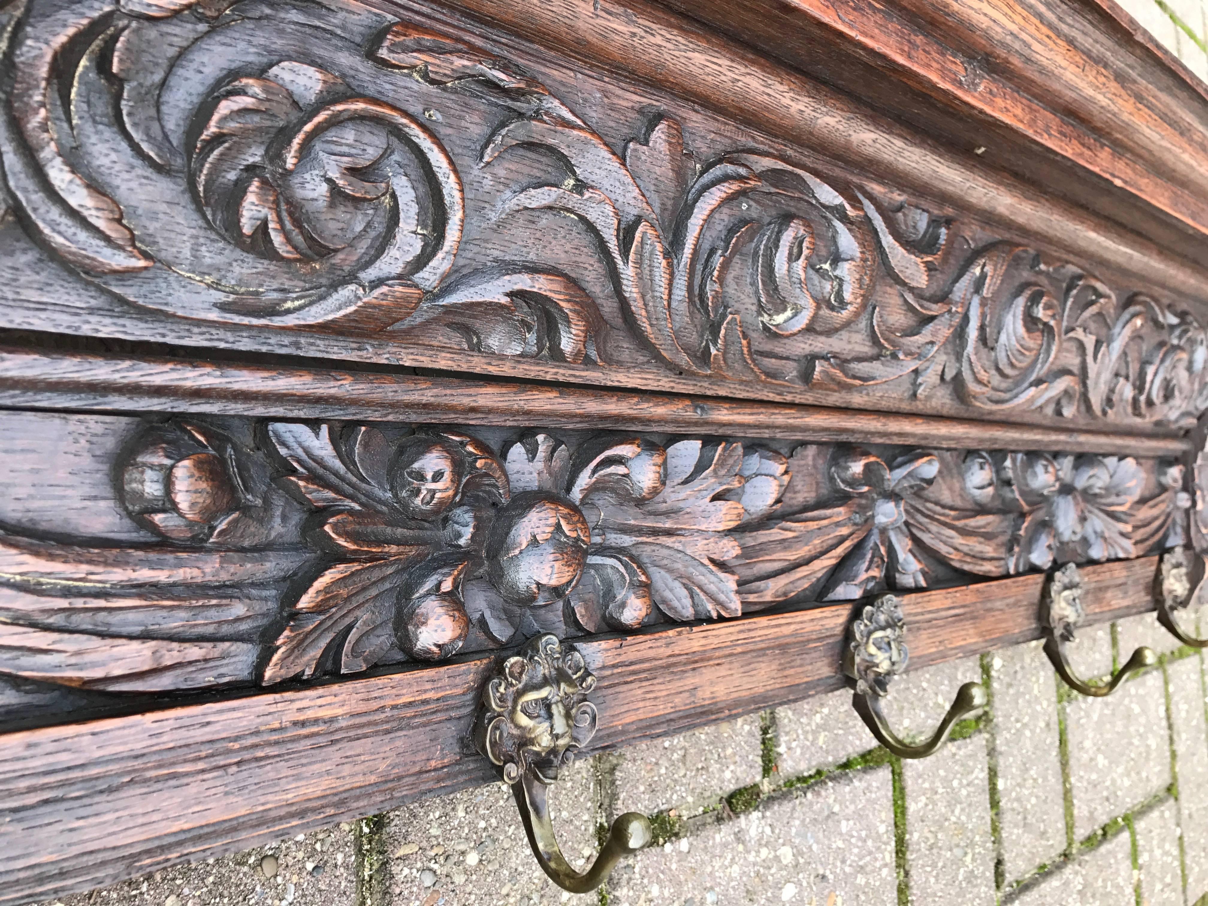 Large late18th Century Carved Oak and Cast Bronze Lion Wall Coat Rack 2