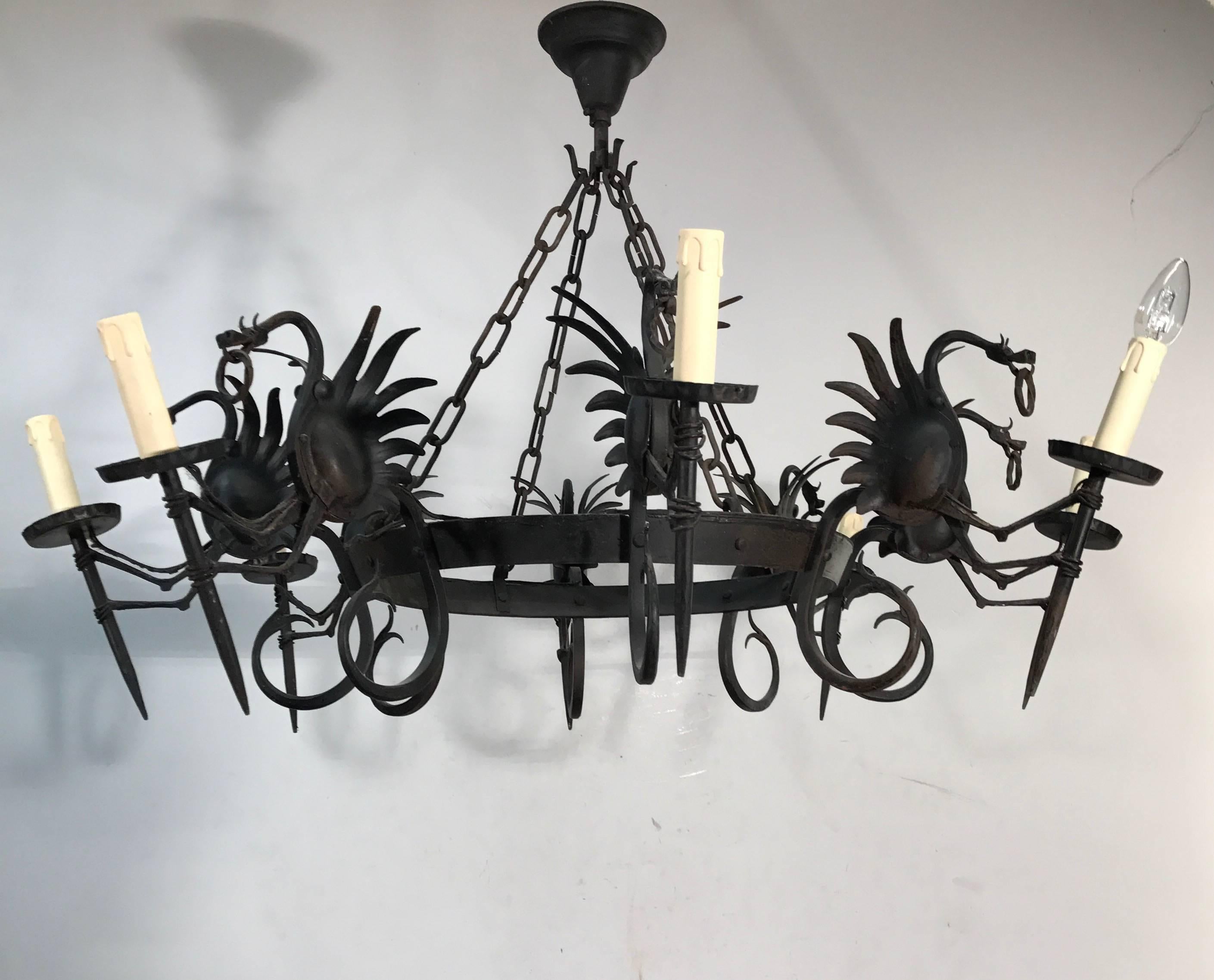French Impressive Large Forged Wrought Iron Eight-Light Chandelier w Dragon Sculptures