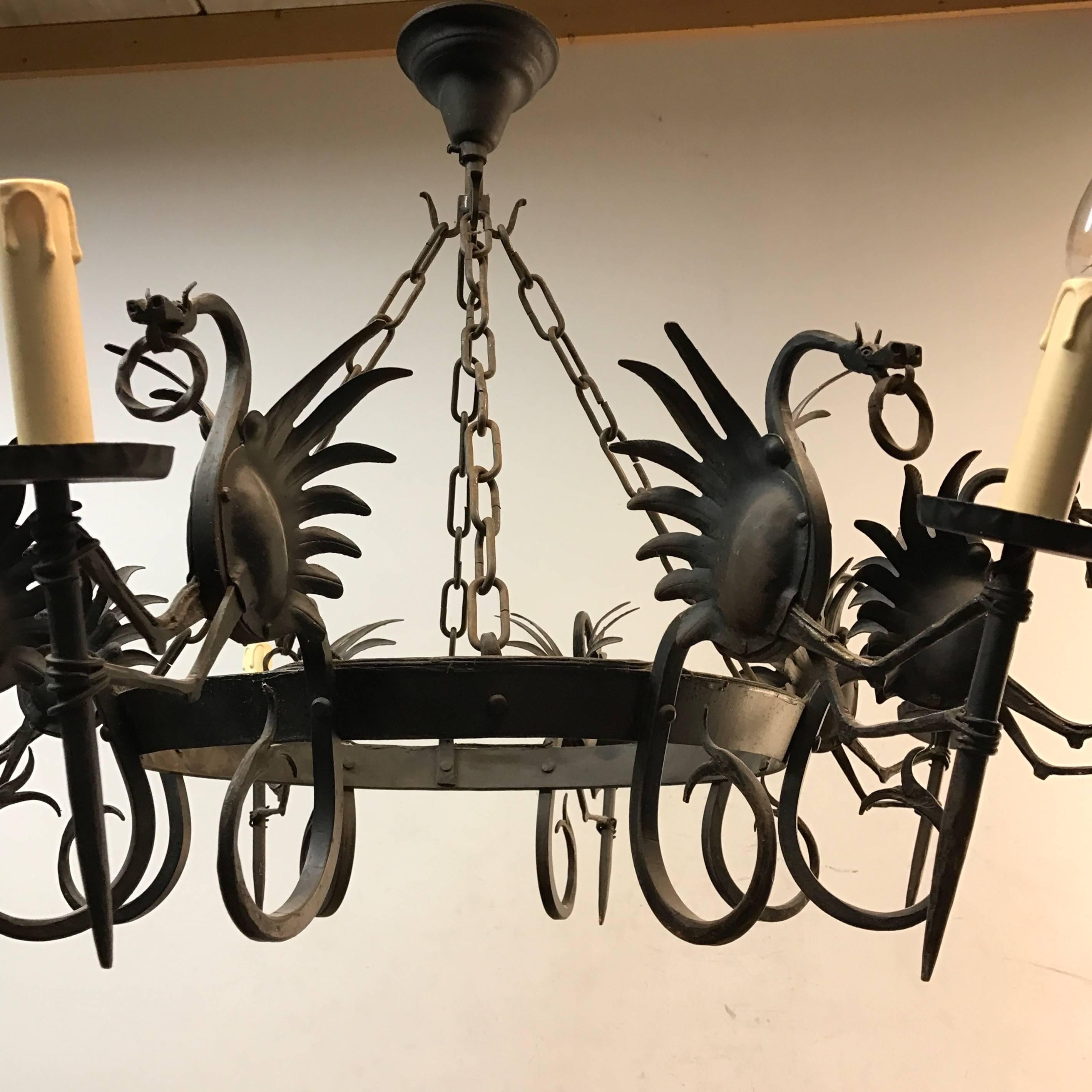 Impressive Large Forged Wrought Iron Eight-Light Chandelier w Dragon Sculptures In Excellent Condition In Lisse, NL