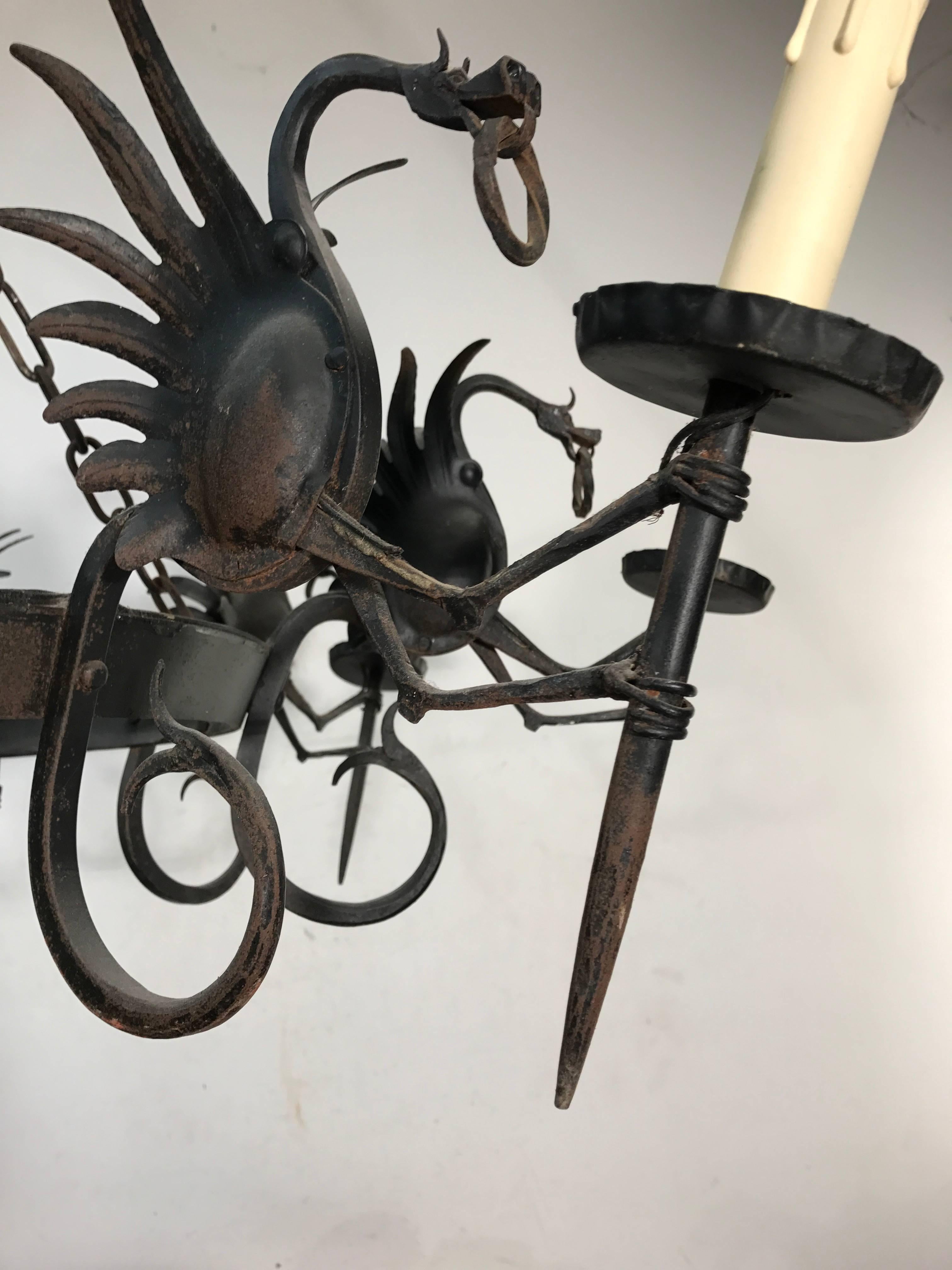 20th Century Impressive Large Forged Wrought Iron Eight-Light Chandelier w Dragon Sculptures