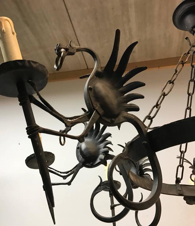 Large Wrought Iron EightLight Chandelier or Ceiling Lamp with