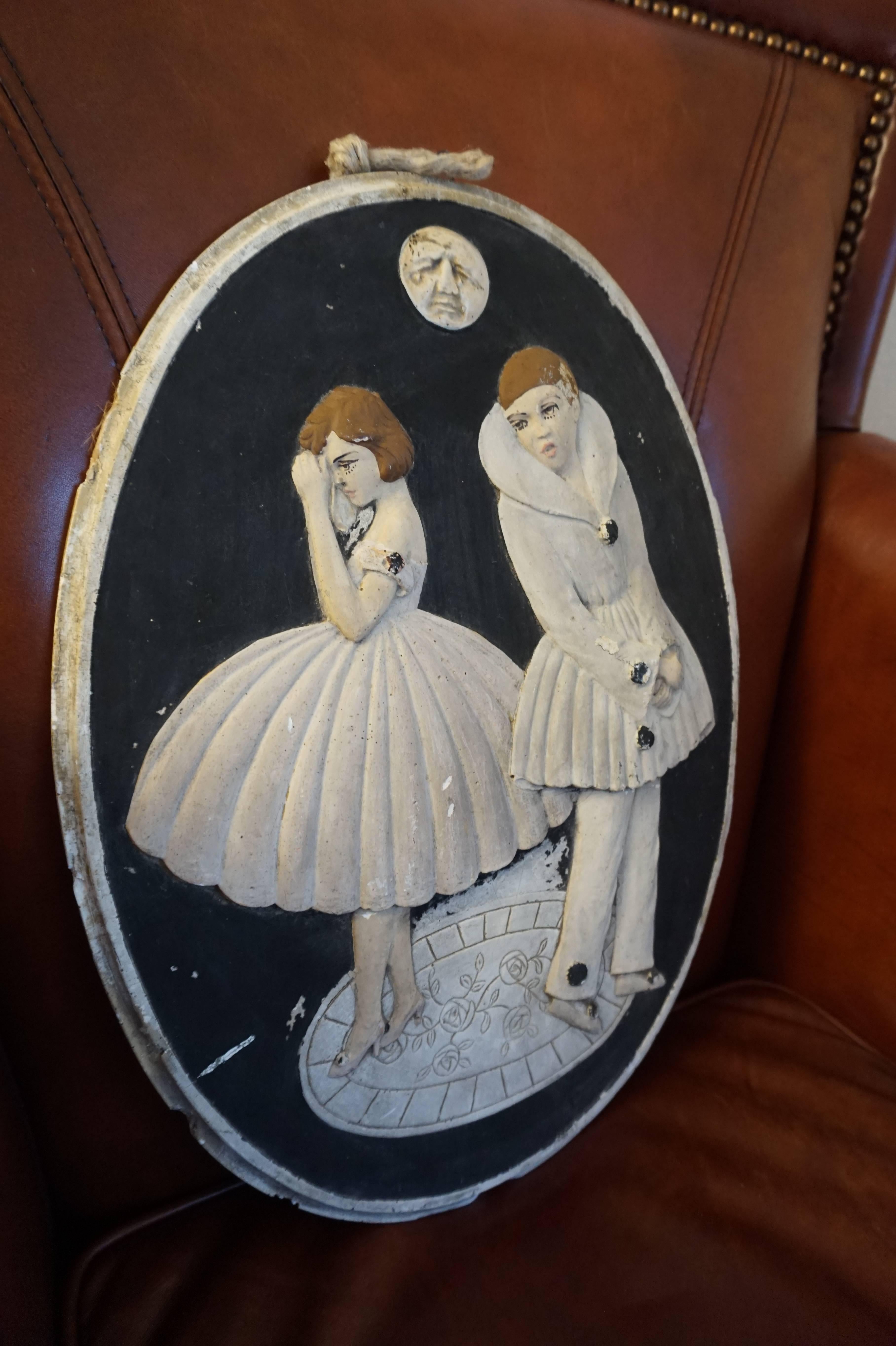 20th Century Early 1900s Handcrafted French Pierrot Pierrette Plaster Wall Plaque in Relief For Sale