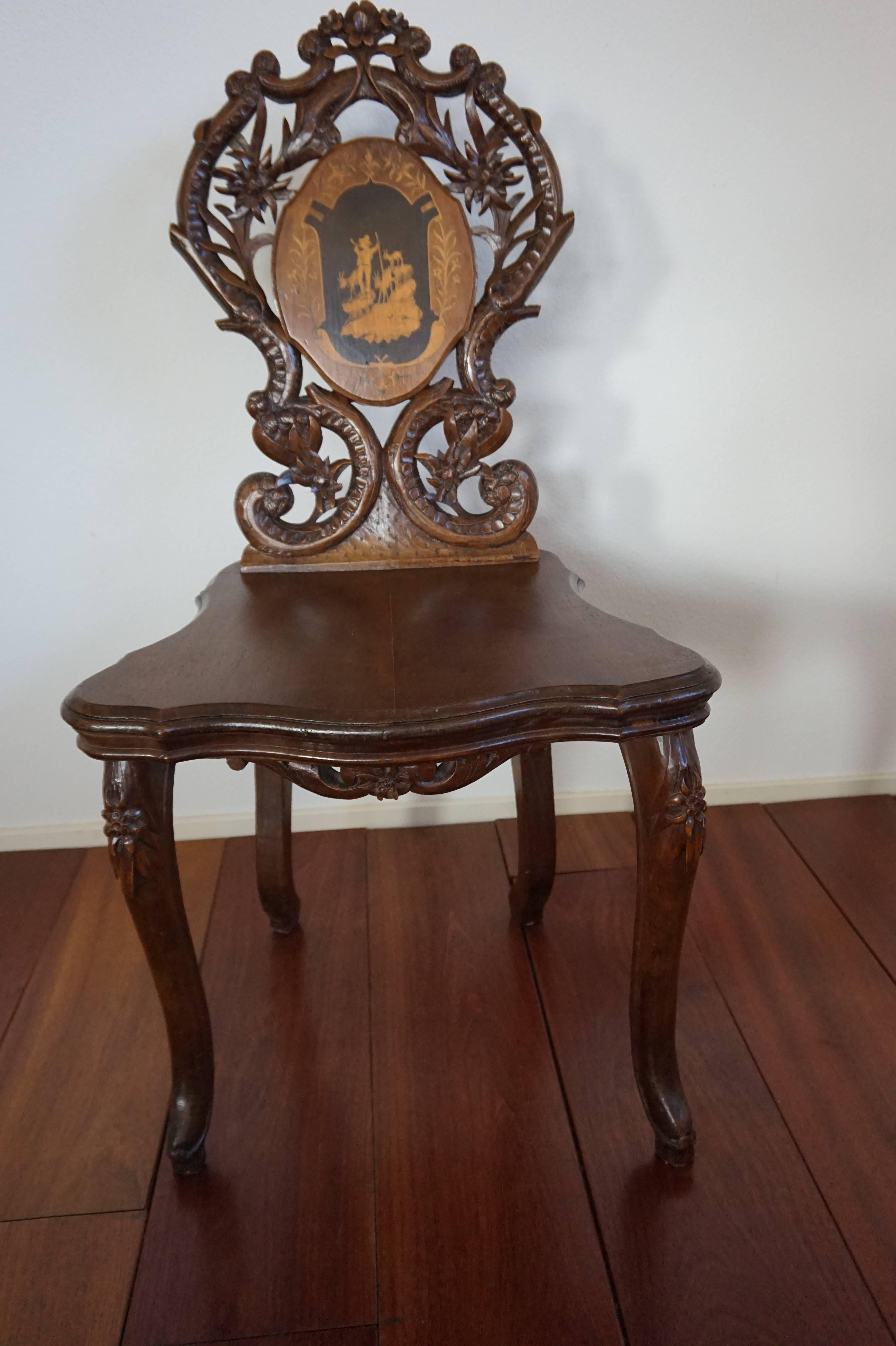 Swiss Late 1800s Hand-Carved Black Forest Hall Chair / Sgabello with Marquetry Inlay