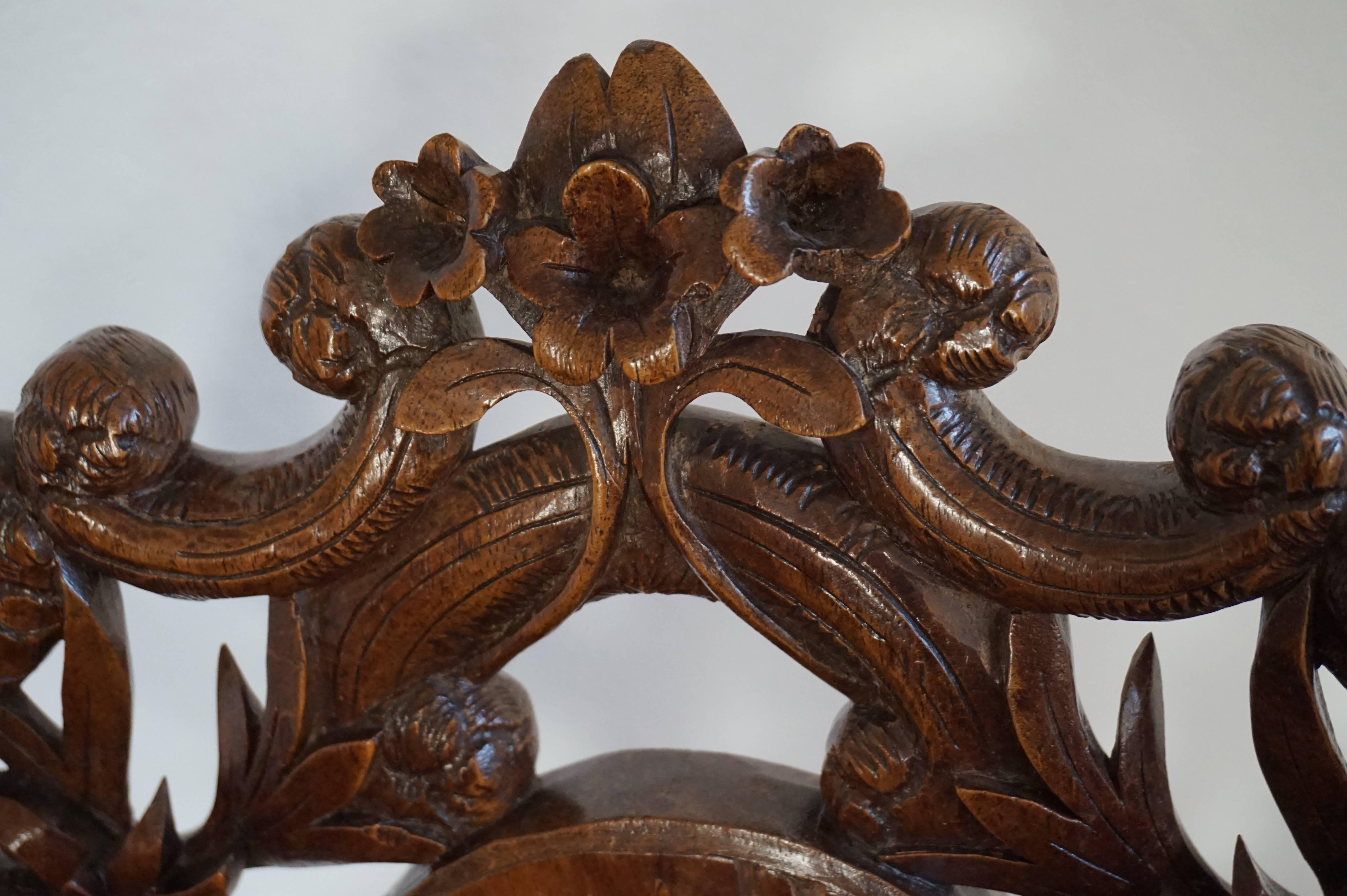 19th Century Late 1800s Hand-Carved Black Forest Hall Chair / Sgabello with Marquetry Inlay