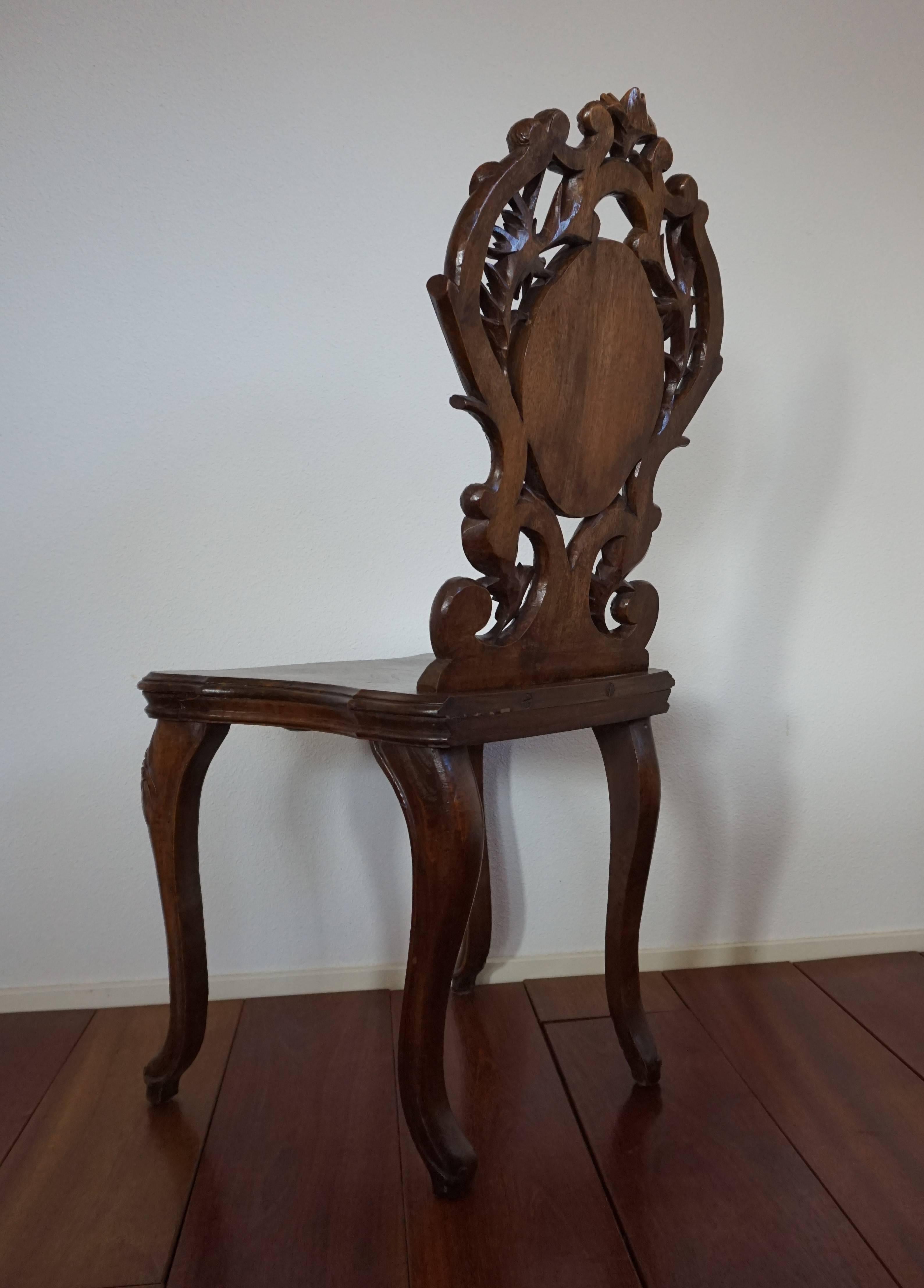 Wood Late 1800s Hand-Carved Black Forest Hall Chair / Sgabello with Marquetry Inlay