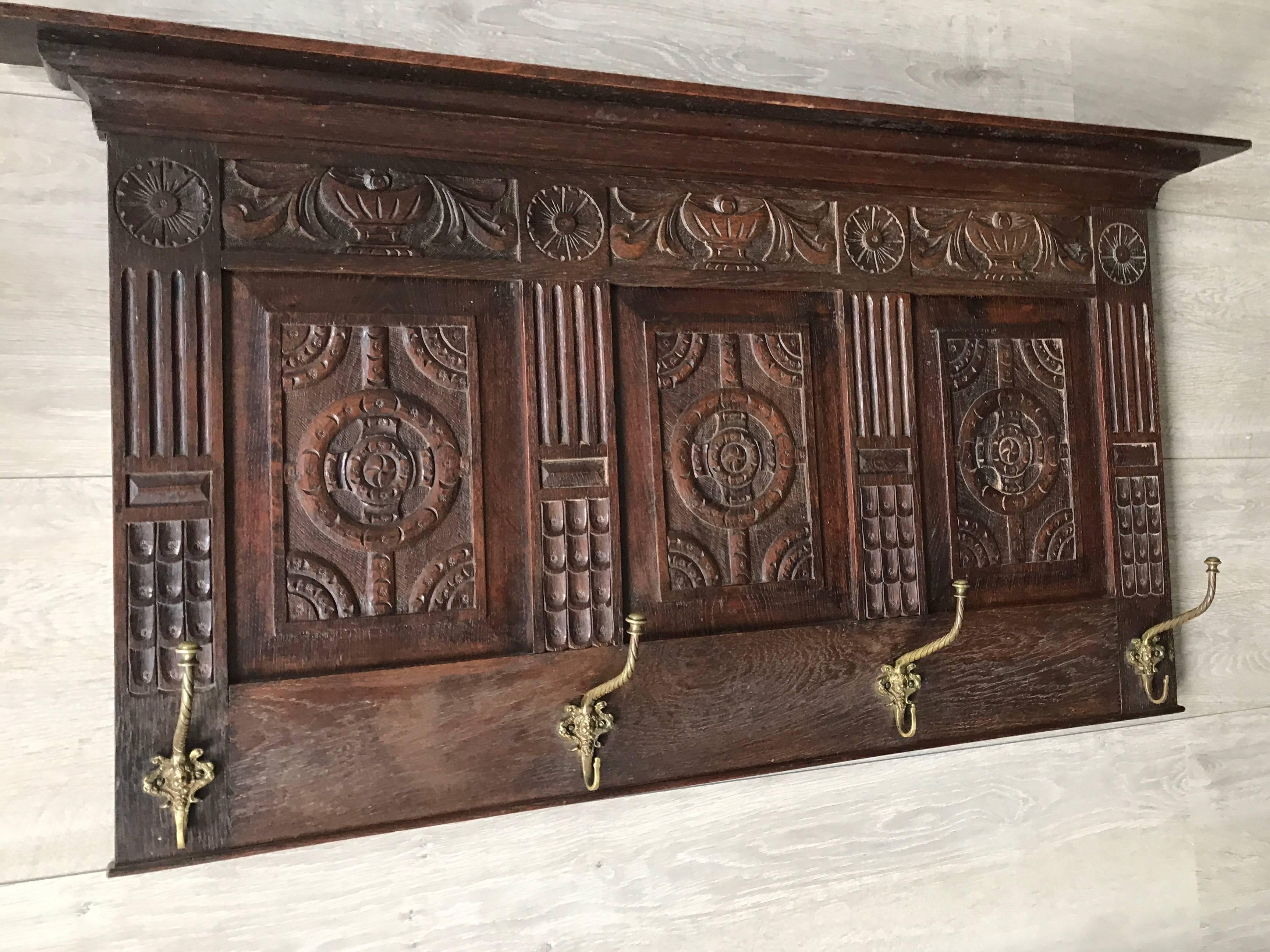 Large Antique and Quality Carved Wooden & Cast Bronze Wall Coat Rack with Shelf 3