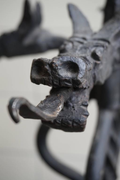 Early 1900s Wrought Iron in Fire Dragon Heads and Tails Fireplace Fire Set For Sale at