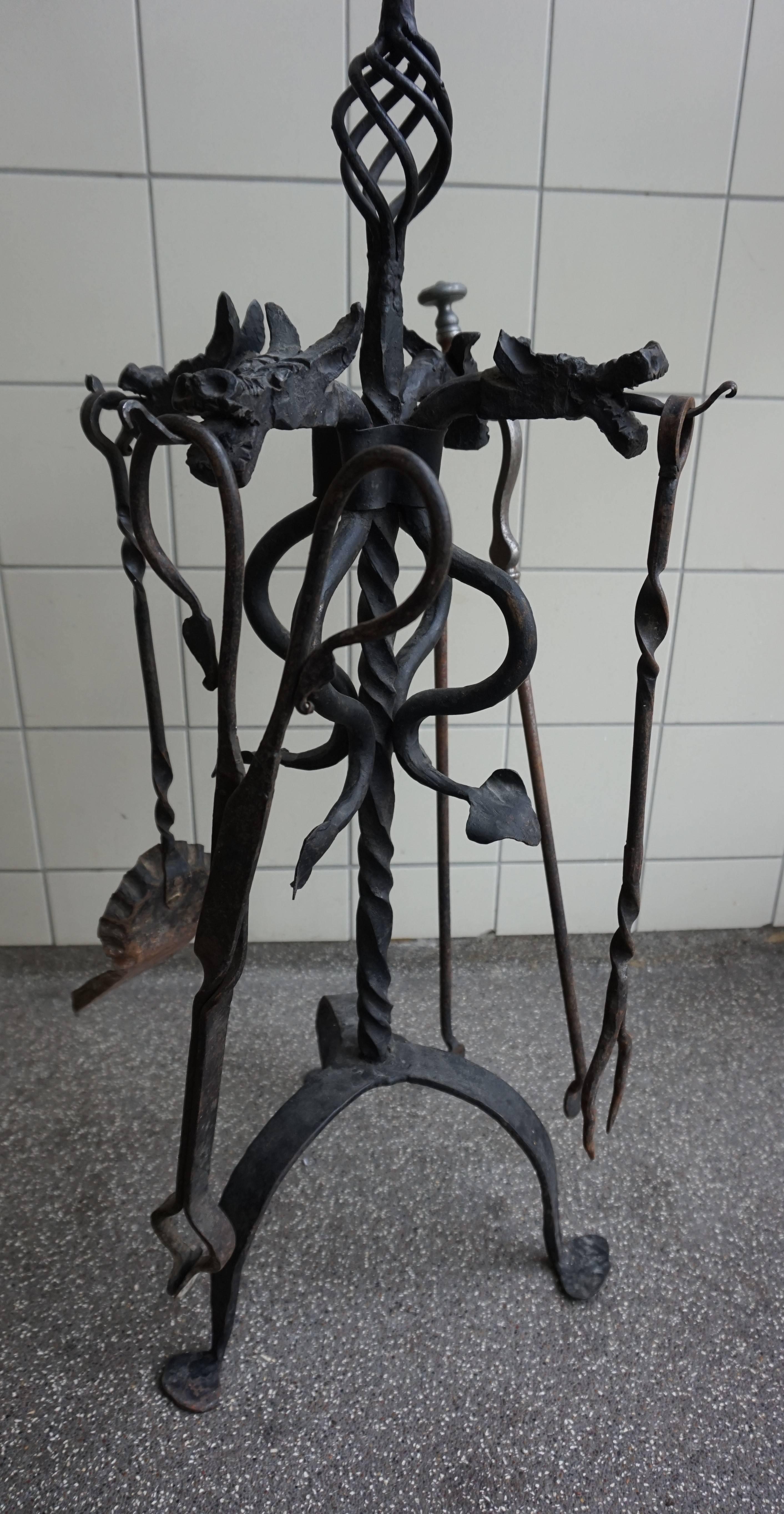 Forged Early 1900s Gothic Style Wrought Iron Dragon Heads with Tails Fireplace Fire Set