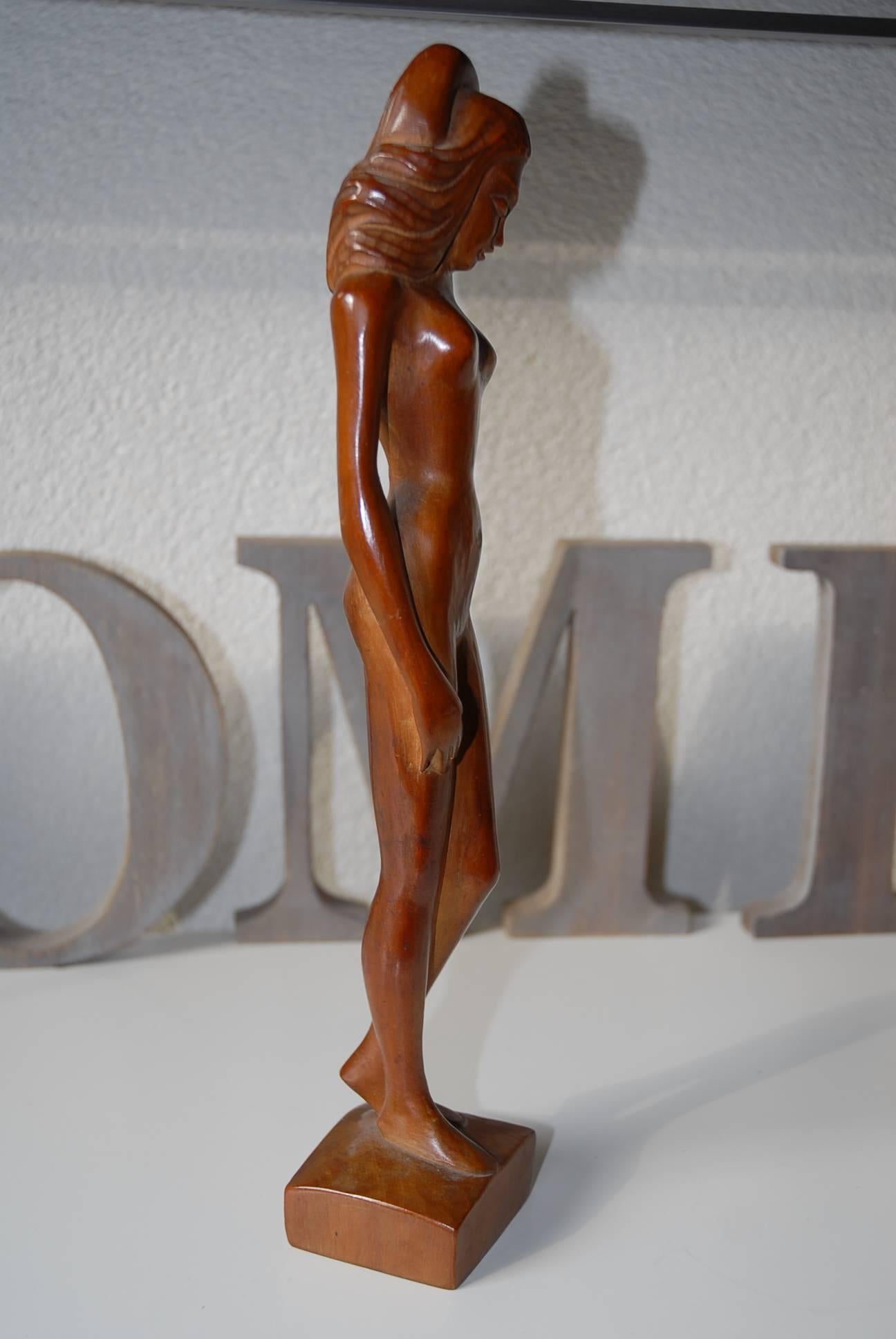 Dutch Art Deco Fruitwood Female Nude Sculpture Attributed to Barend Jordens For Sale