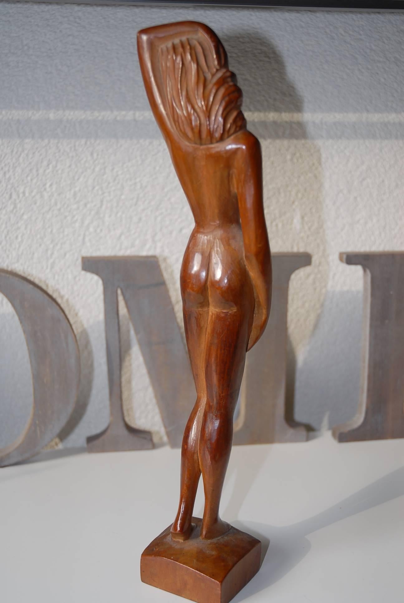 Hand-Carved Art Deco Fruitwood Female Nude Sculpture Attributed to Barend Jordens For Sale