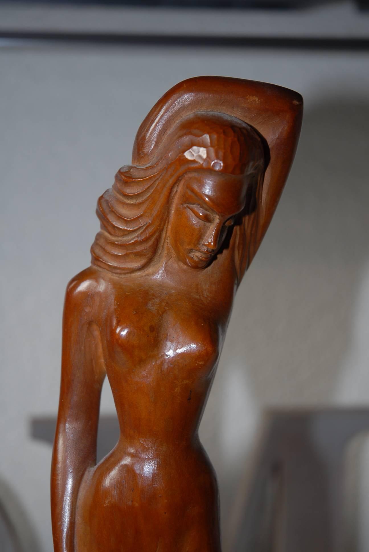 20th Century Art Deco Fruitwood Female Nude Sculpture Attributed to Barend Jordens For Sale