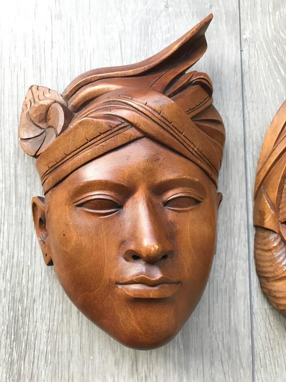 Mid20th Century Pair of Balinese HandCarved Wooden Art Wall Masks