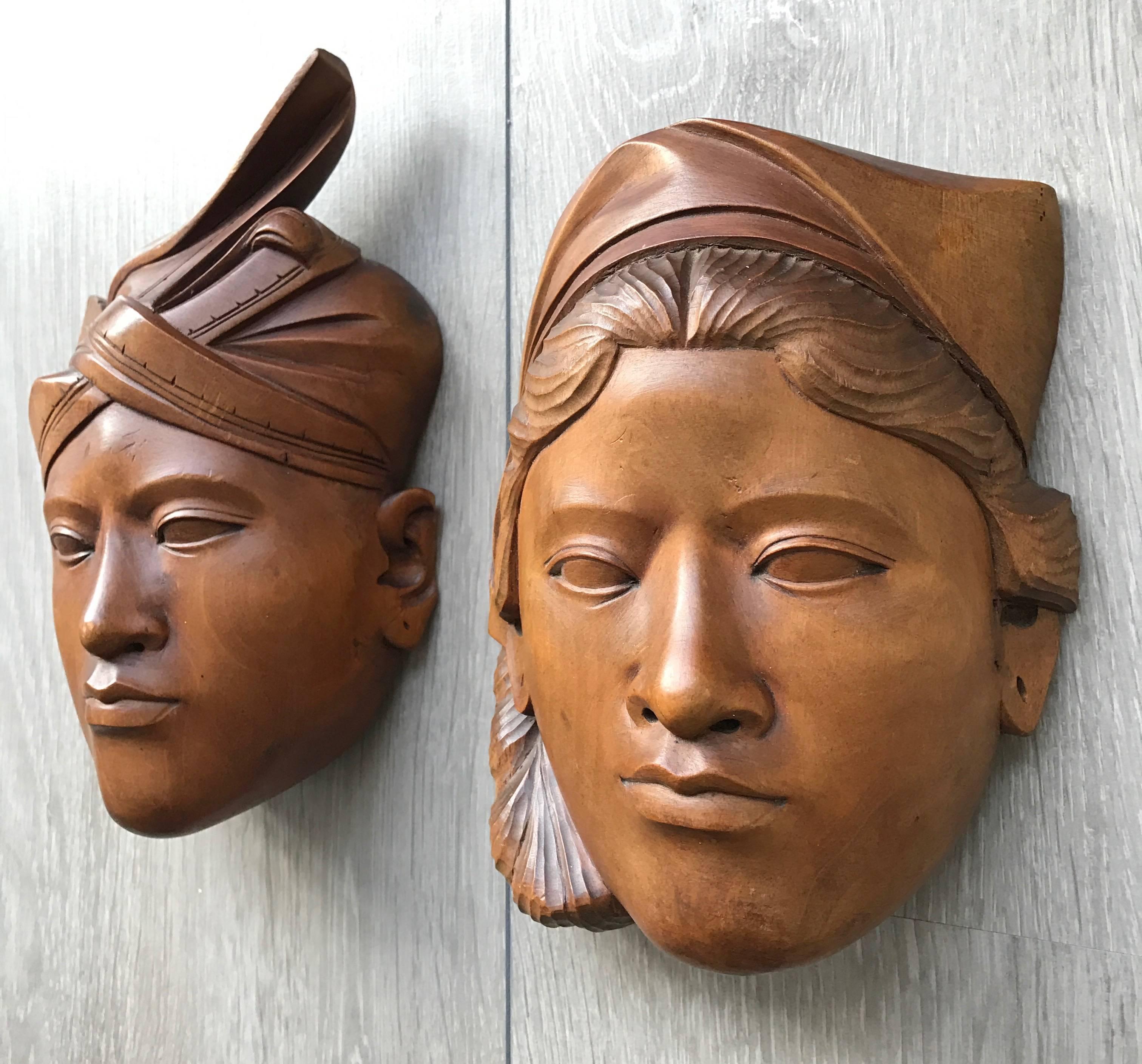 Mid-20th Century Pair of Balinese Hand-Carved Wooden Art Wall Masks Bridal Masks 1