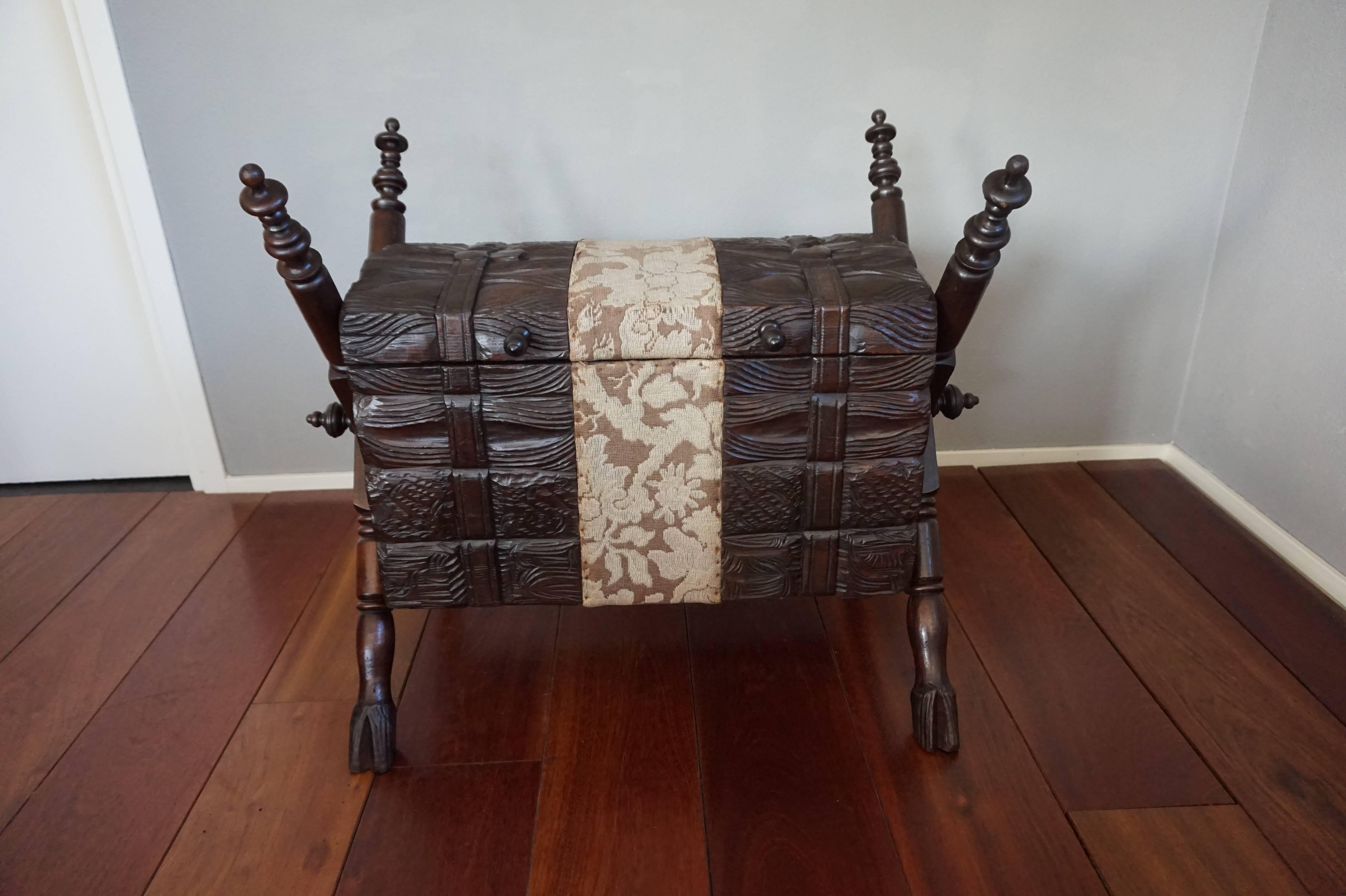 Larger than average and beautiful trunk.

It is not often that you find antiques of this age and beauty in such remarkable condition. You would think that in the course of a 125+ years life, at least one of the crossed legs with the goat hoofs would