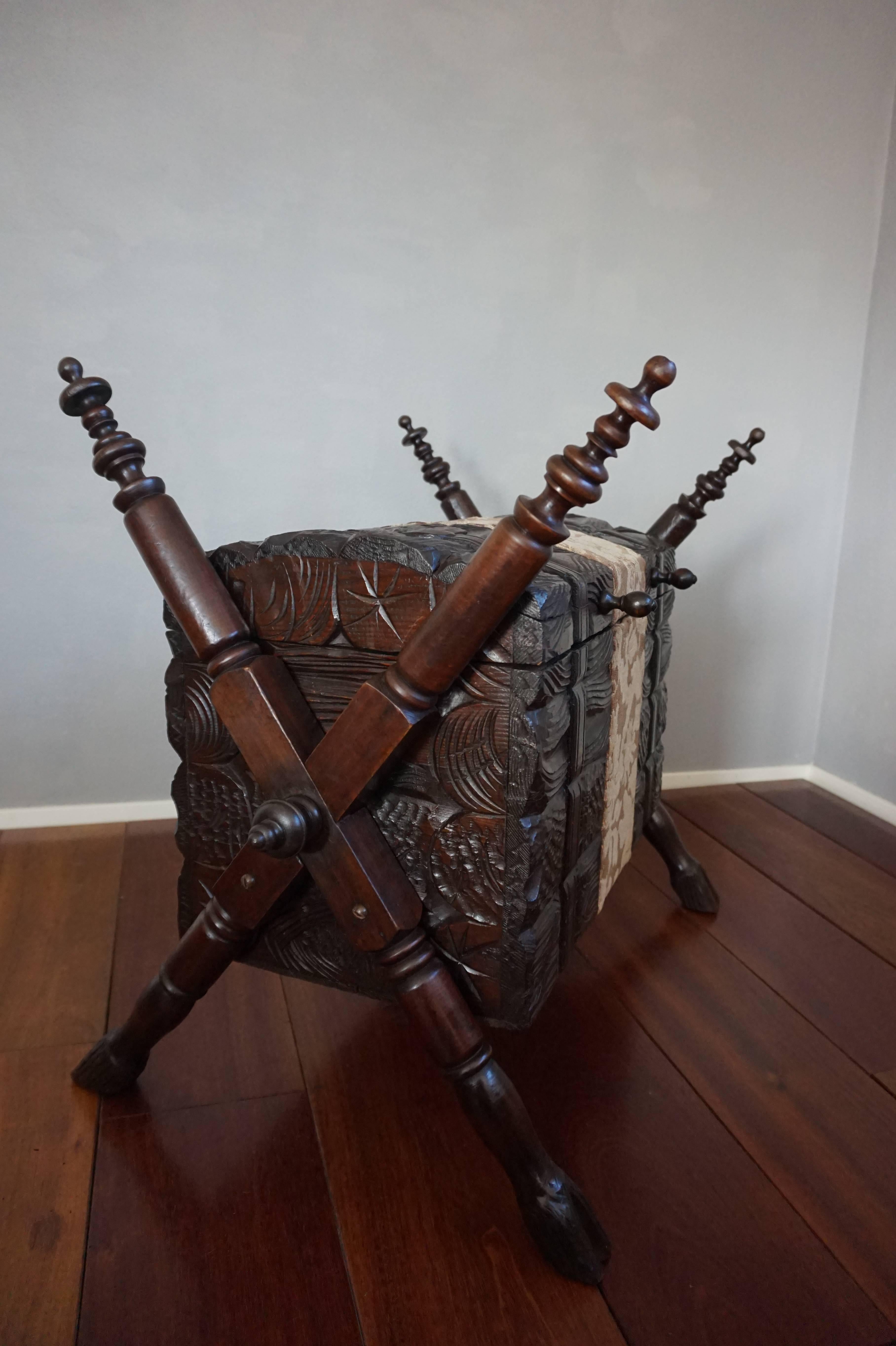 Swiss Antique Hand-Carved Black Forest Trunk on Goat Hoofs Amazing Shape & Condition For Sale