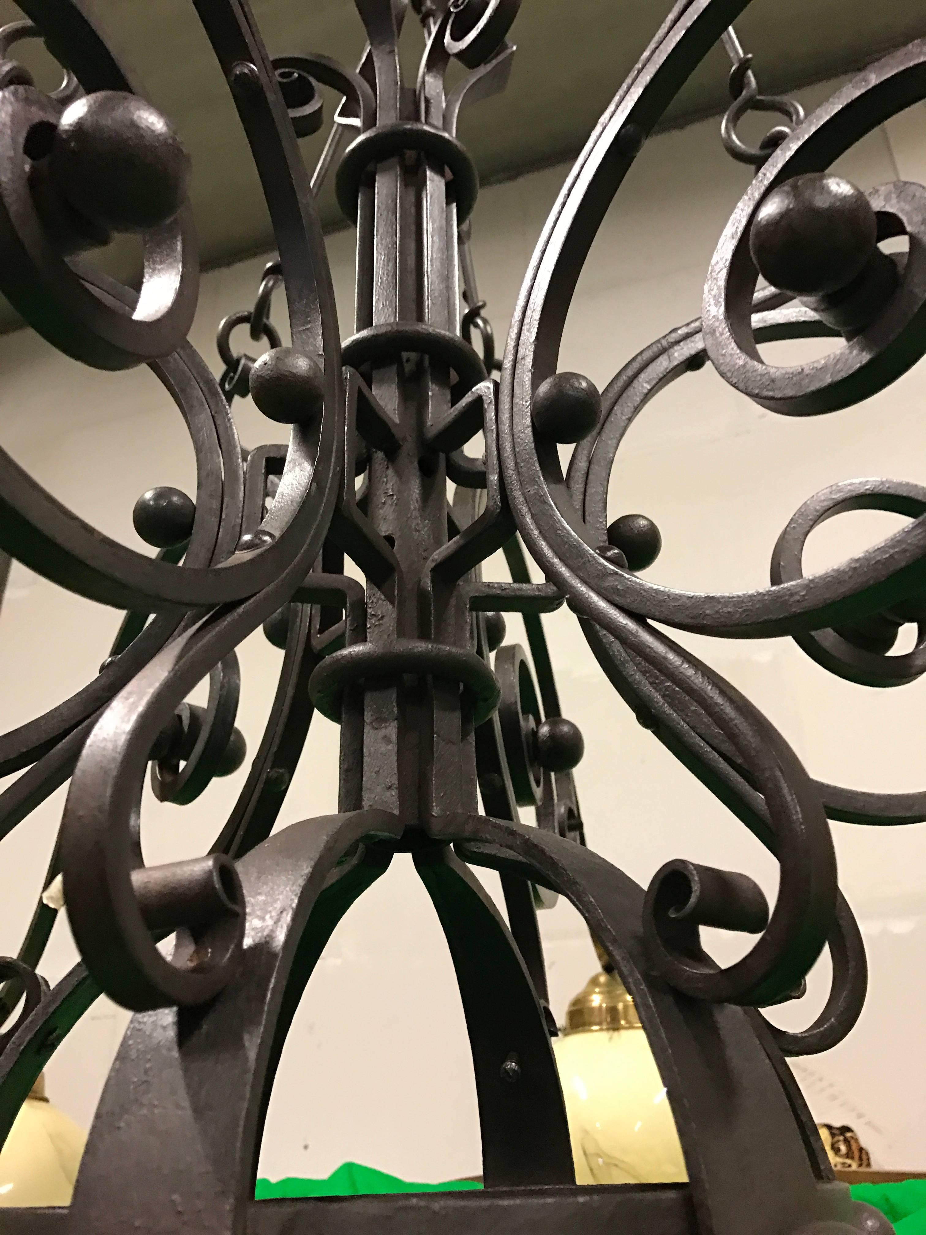 Dutch  Huge 9 Feet High, Arts & Crafts Wrought Iron, Marbled Glass Chandelier Pendant  For Sale