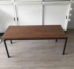 1950s Industrial Coffee Table Blacked Metal and Thick Solid Teak Wood Top