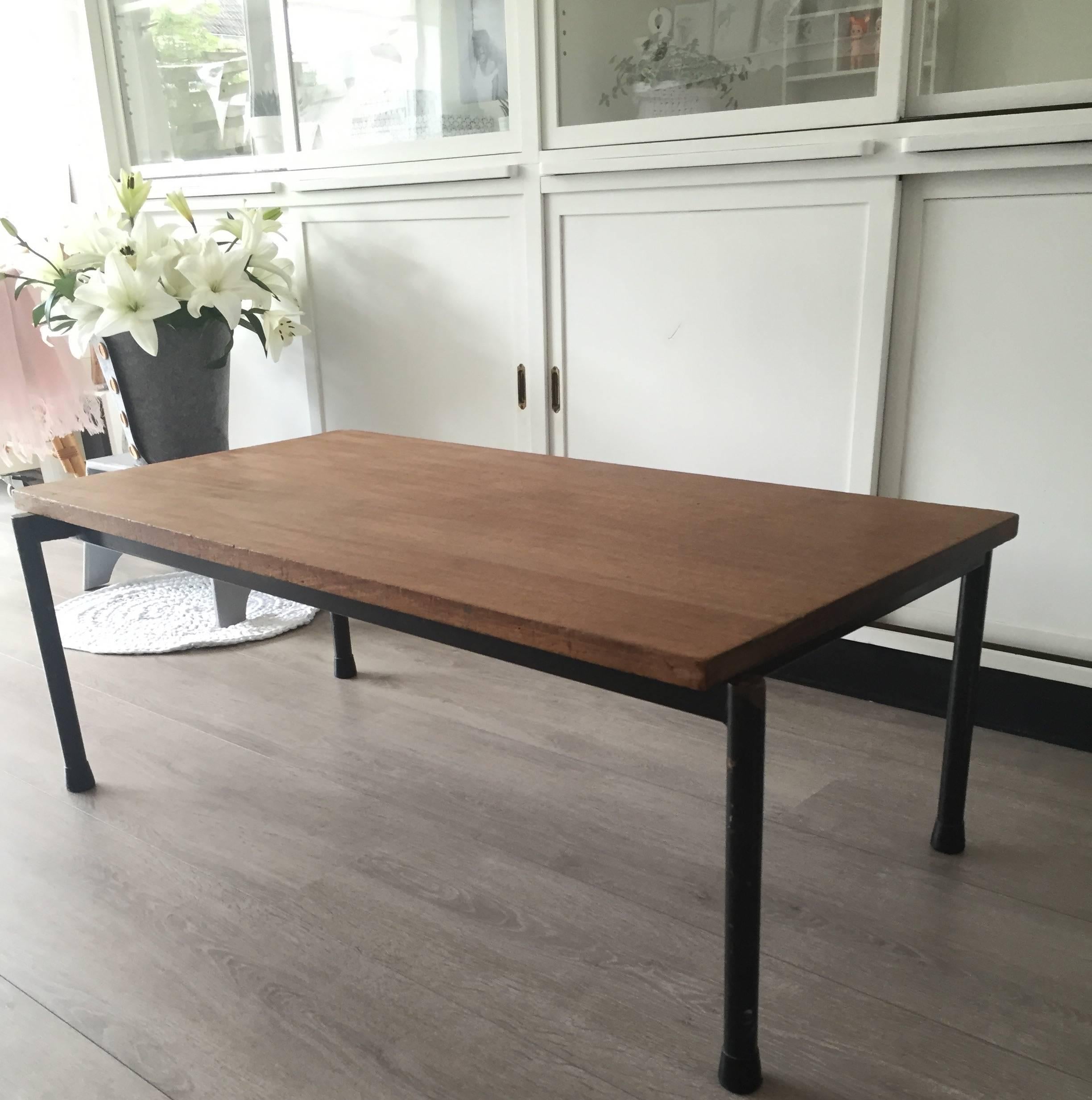 Dutch 1950s Industrial Coffee Table Blacked Metal and Thick Solid Teak Wood Top For Sale