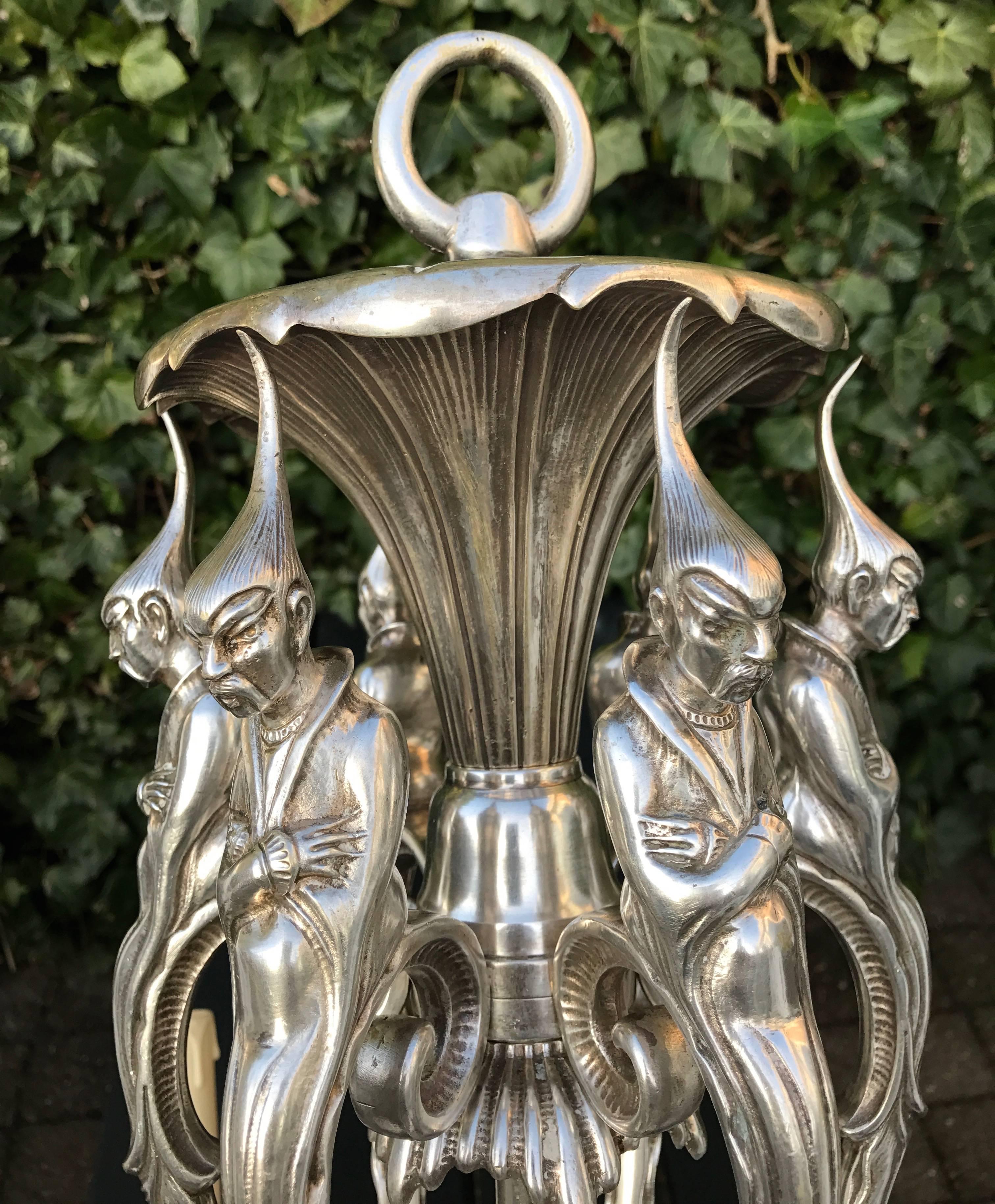 Chinoiserie One of a Kind, Art Deco Fine Silvered Bronze Sculptured Pendant Light For Sale