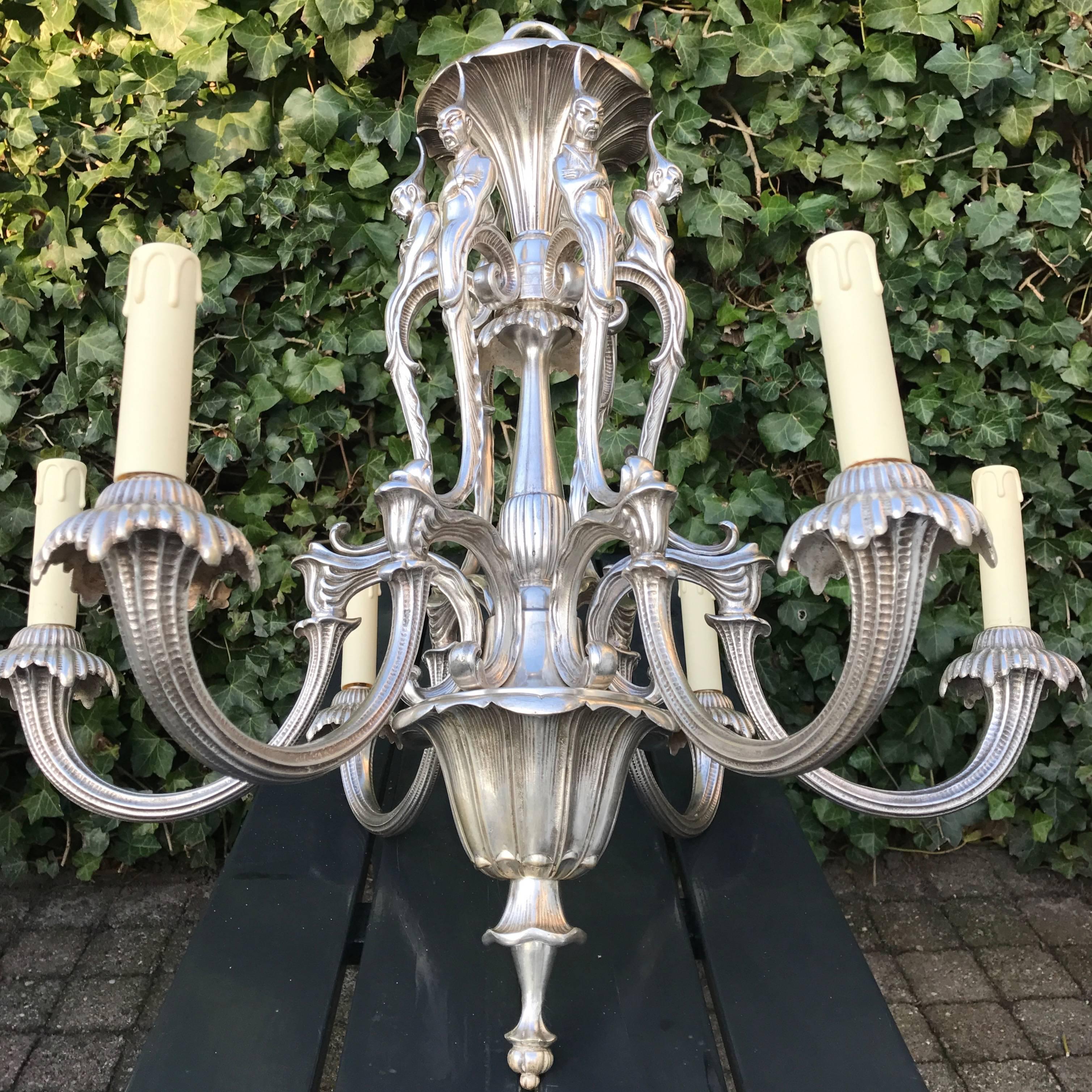 One of a Kind, Art Deco Fine Silvered Bronze Sculptured Pendant Light For Sale 1