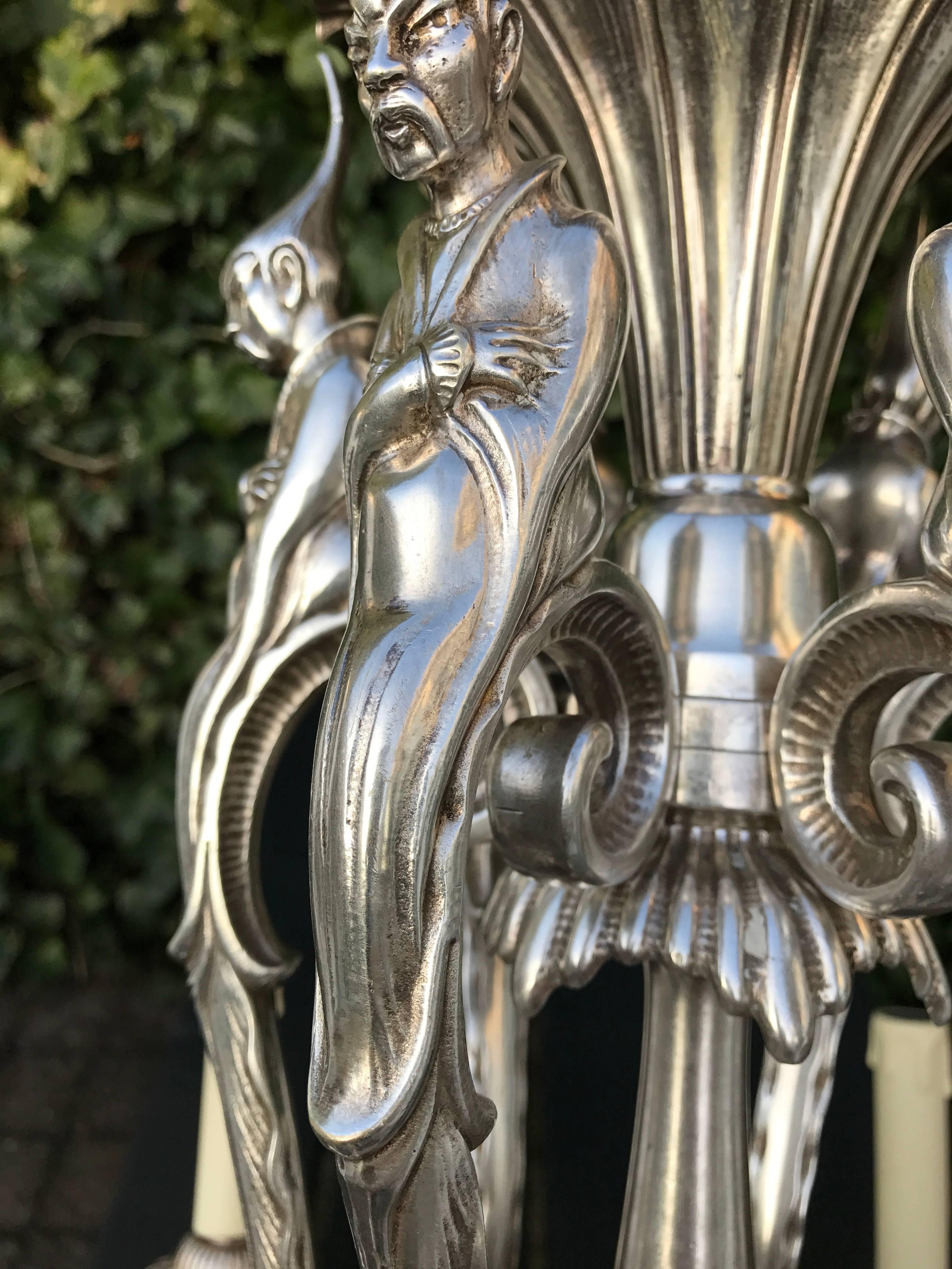 One of a Kind, Art Deco Fine Silvered Bronze Sculptured Pendant Light For Sale 2