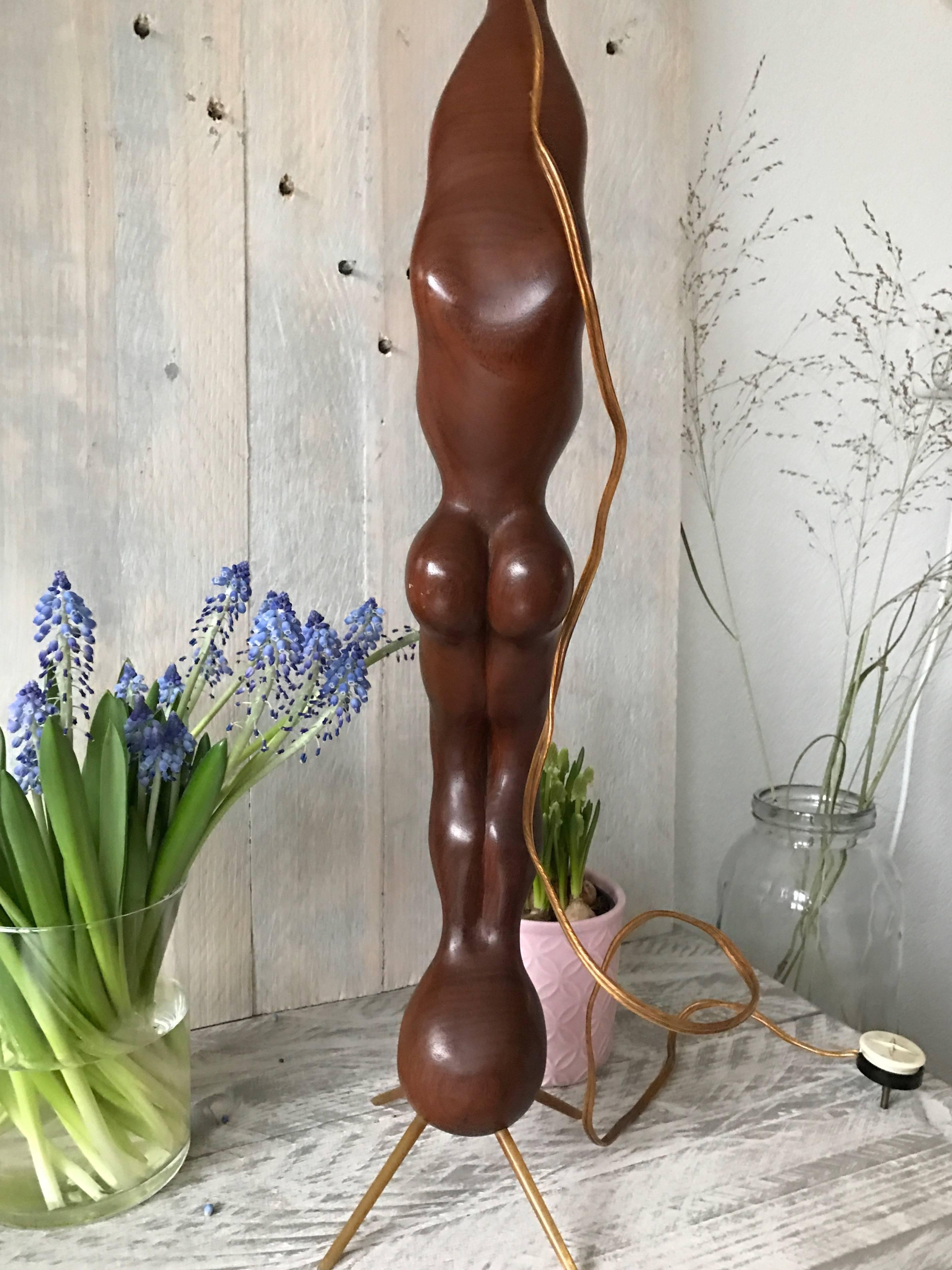 Hand-Carved Rare Midcentury Modern Carved Teak Female Nude Sculpture Table or Floor Lamp For Sale