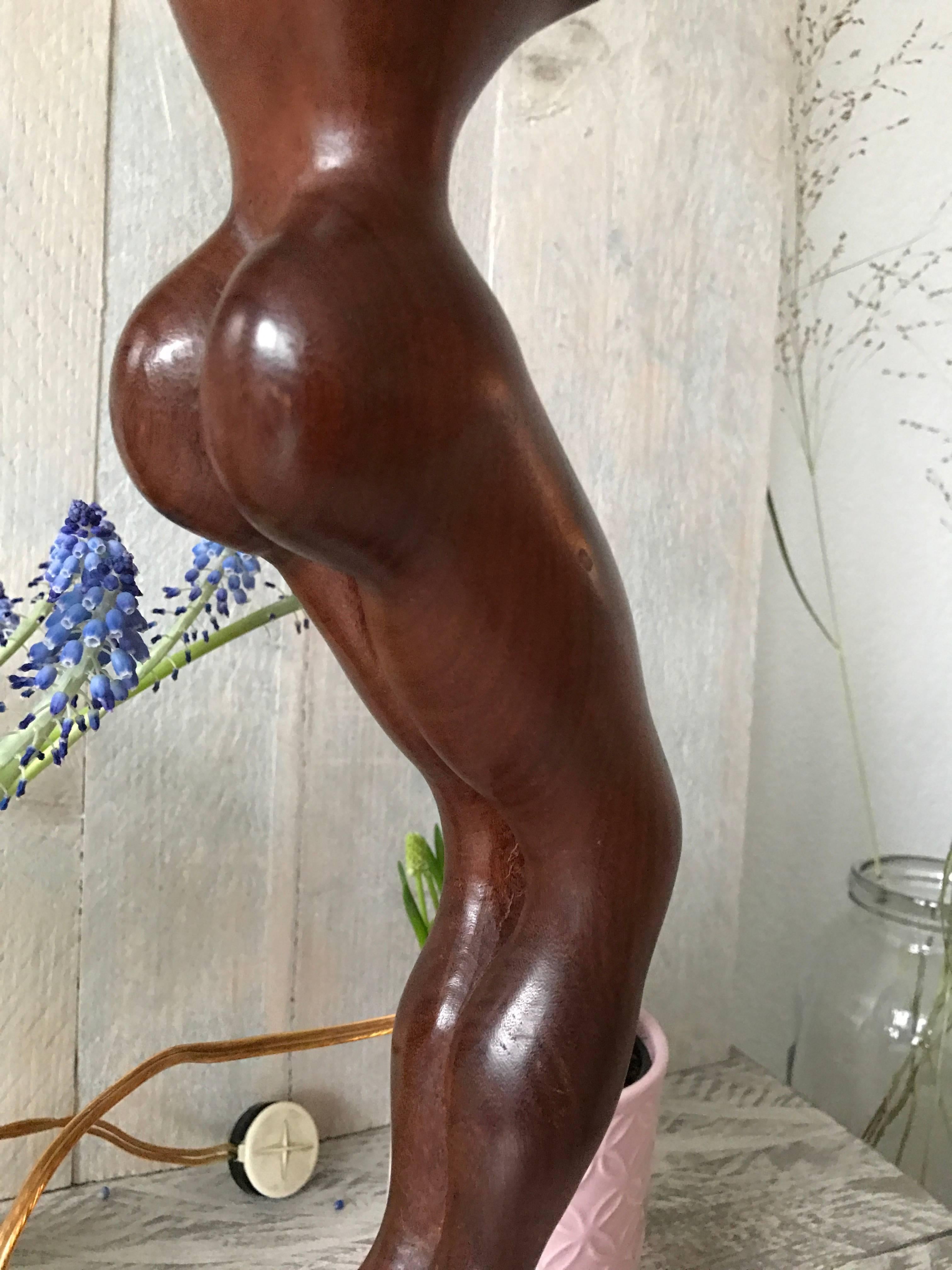 Rare Midcentury Modern Carved Teak Female Nude Sculpture Table or Floor Lamp In Excellent Condition For Sale In Lisse, NL