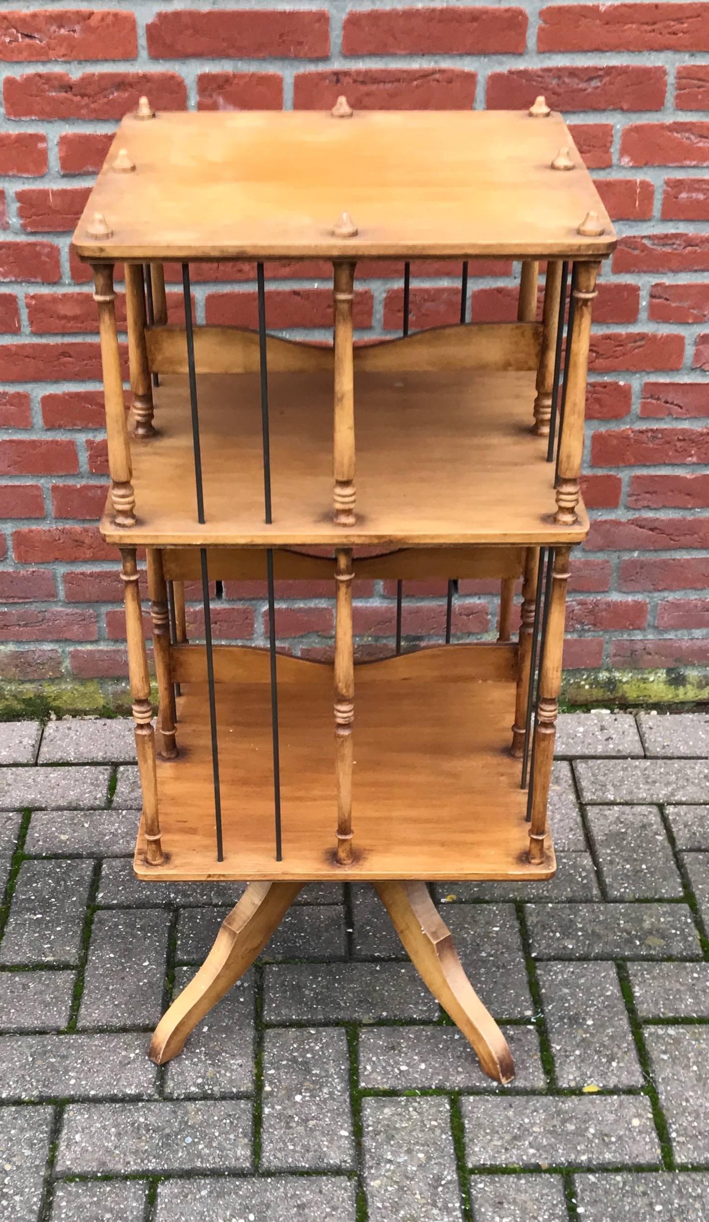 Beautiful Beechwood and Brass Revolving Bookcase Stand from circa 1930 1