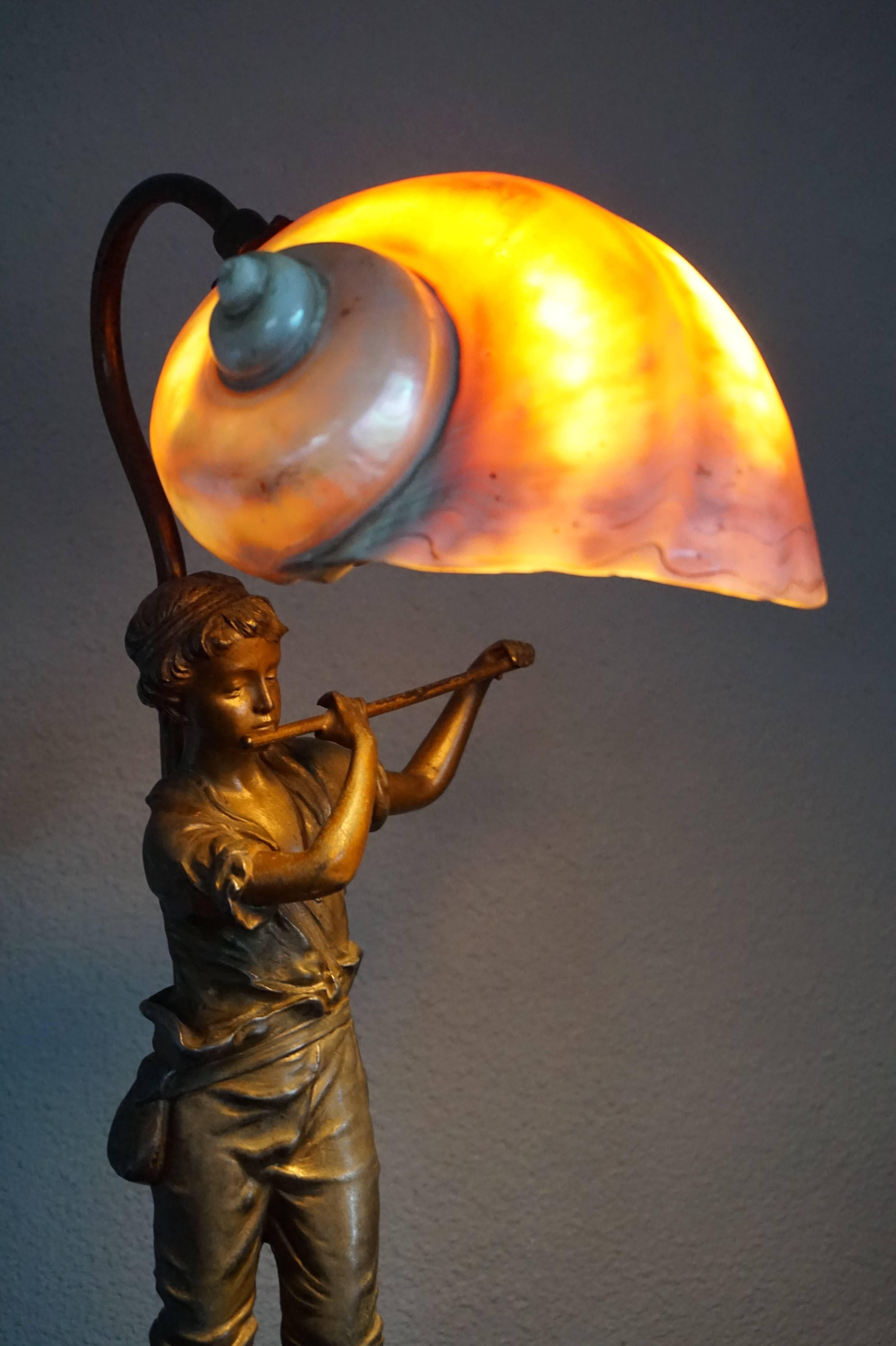 European Antique Jugendstil Nautilus Shell Table Lamp with Fluit Playing Boy Sculpture