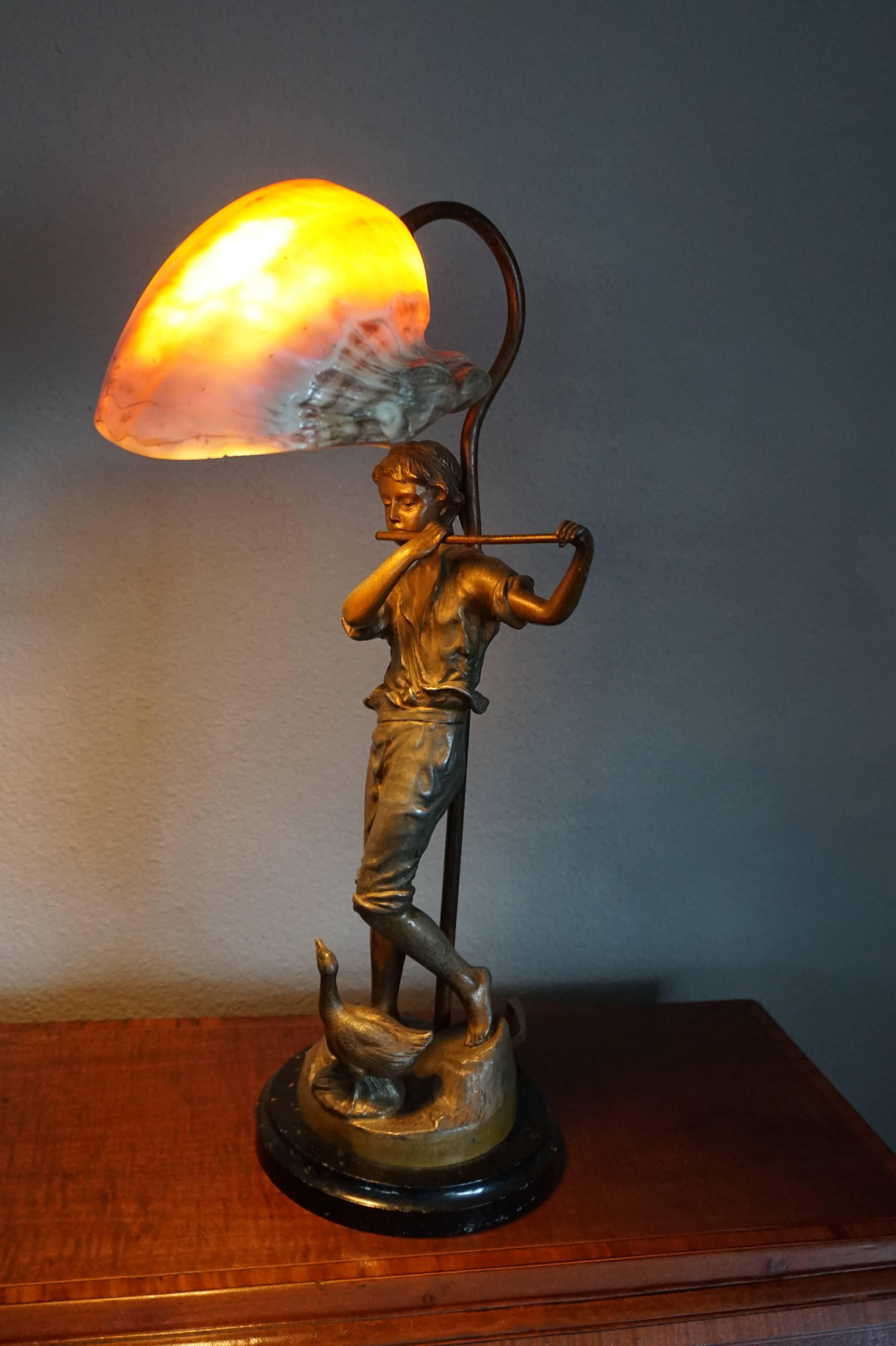20th Century Antique Jugendstil Nautilus Shell Table Lamp with Fluit Playing Boy Sculpture