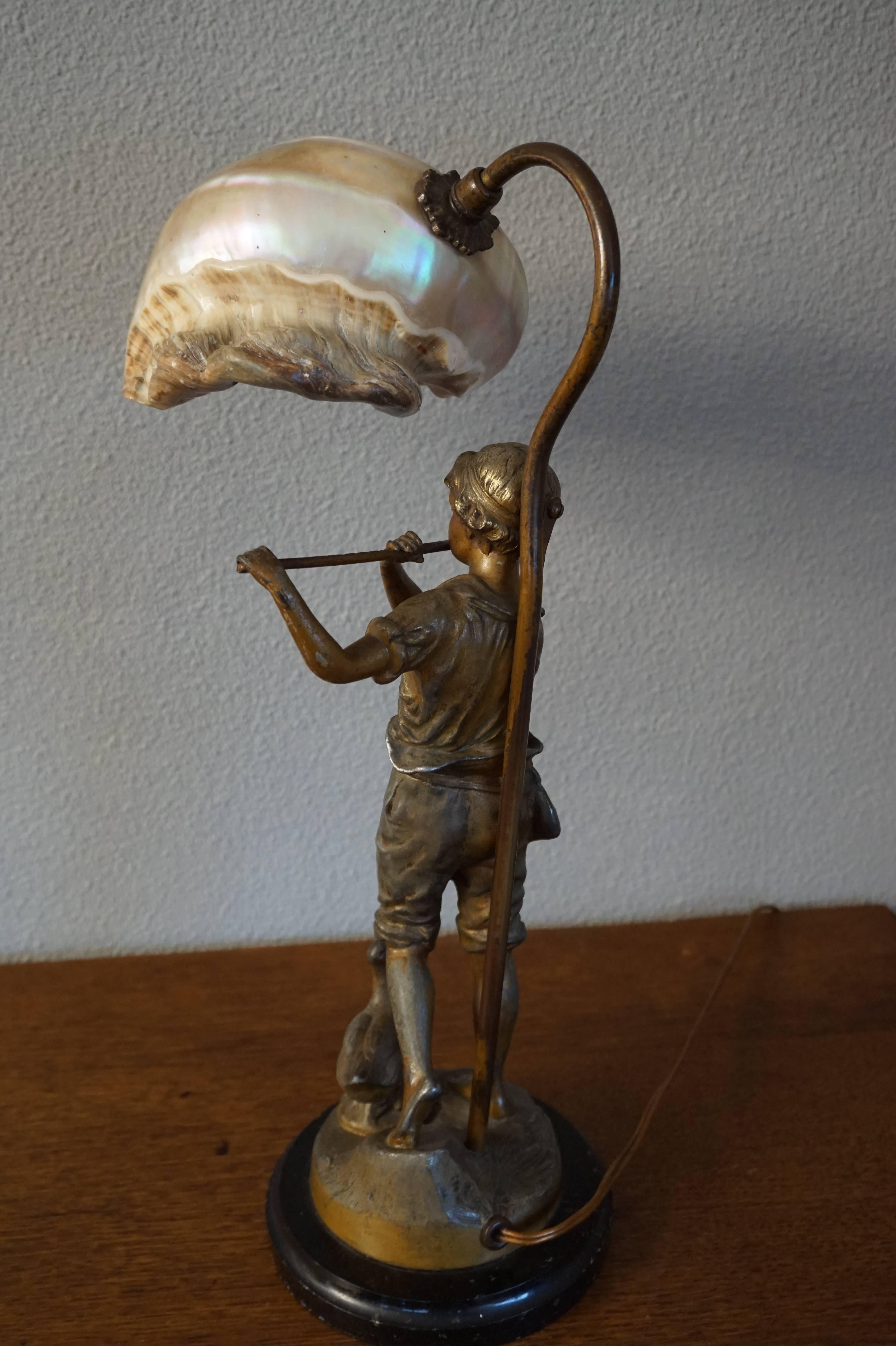Brass Antique Jugendstil Nautilus Shell Table Lamp with Fluit Playing Boy Sculpture