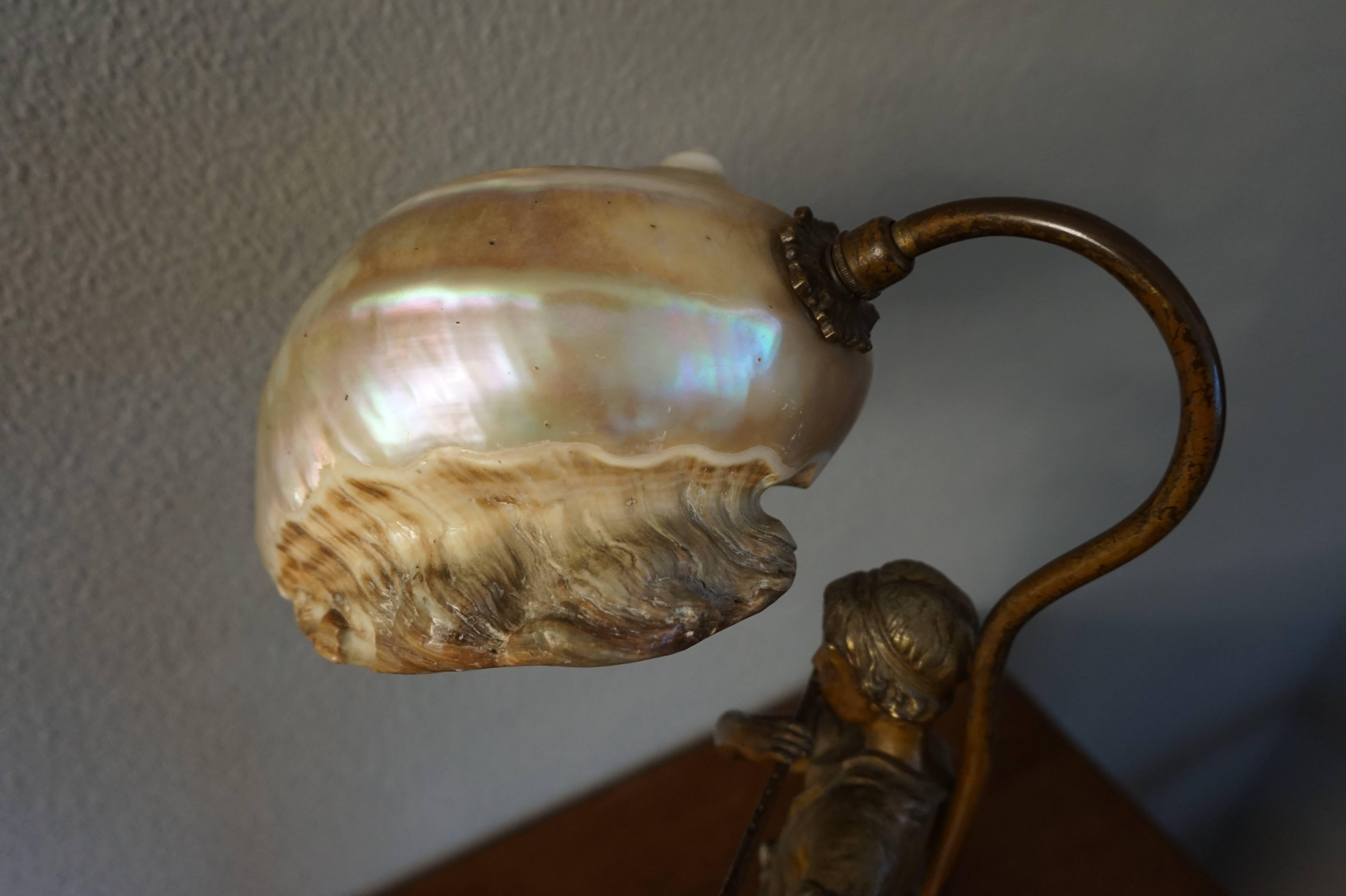 Antique Jugendstil Nautilus Shell Table Lamp with Fluit Playing Boy Sculpture 1