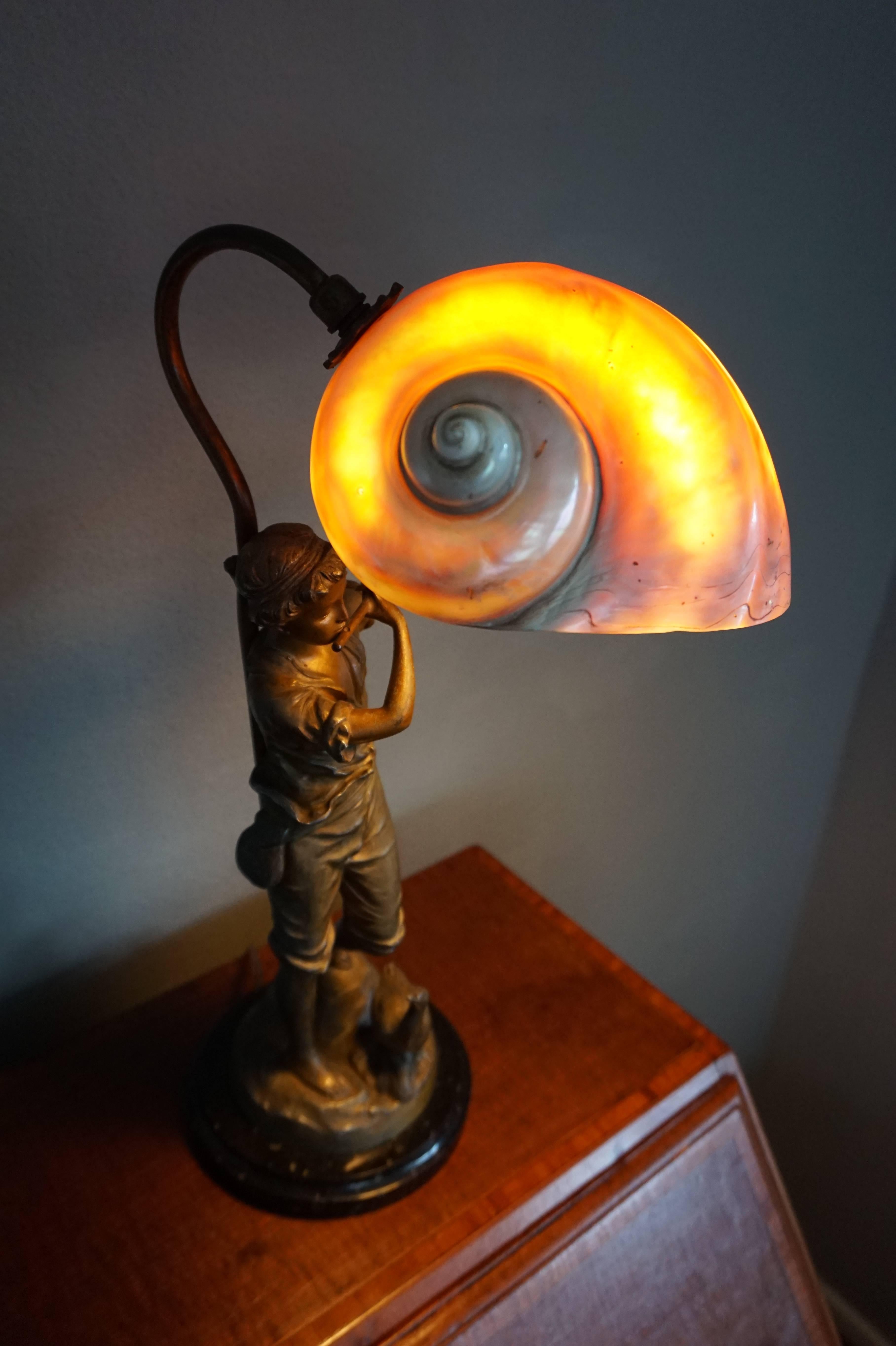 Antique Jugendstil Nautilus Shell Table Lamp with Fluit Playing Boy Sculpture 2