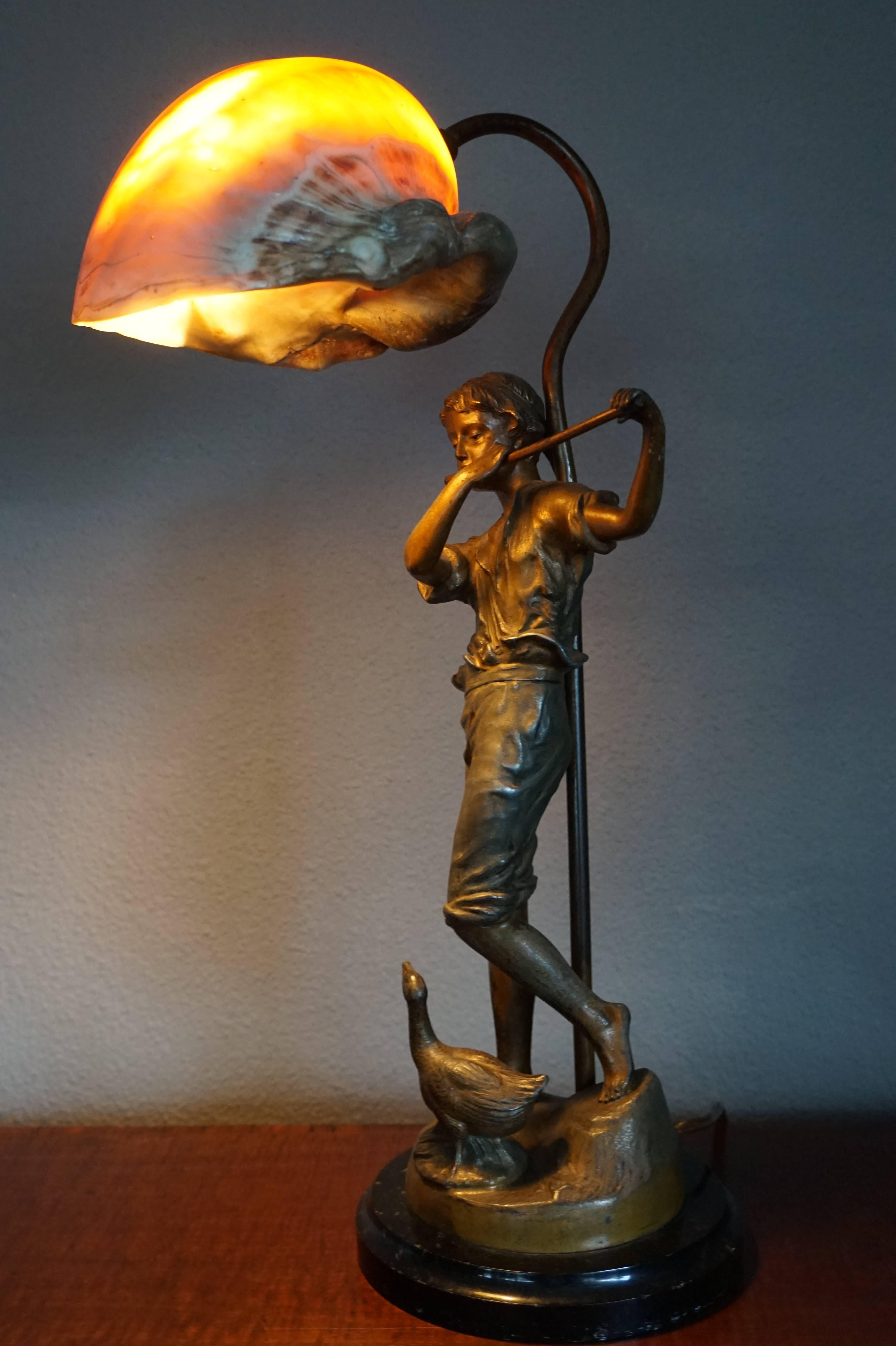 Antique Jugendstil Nautilus Shell Table Lamp with Fluit Playing Boy Sculpture 4