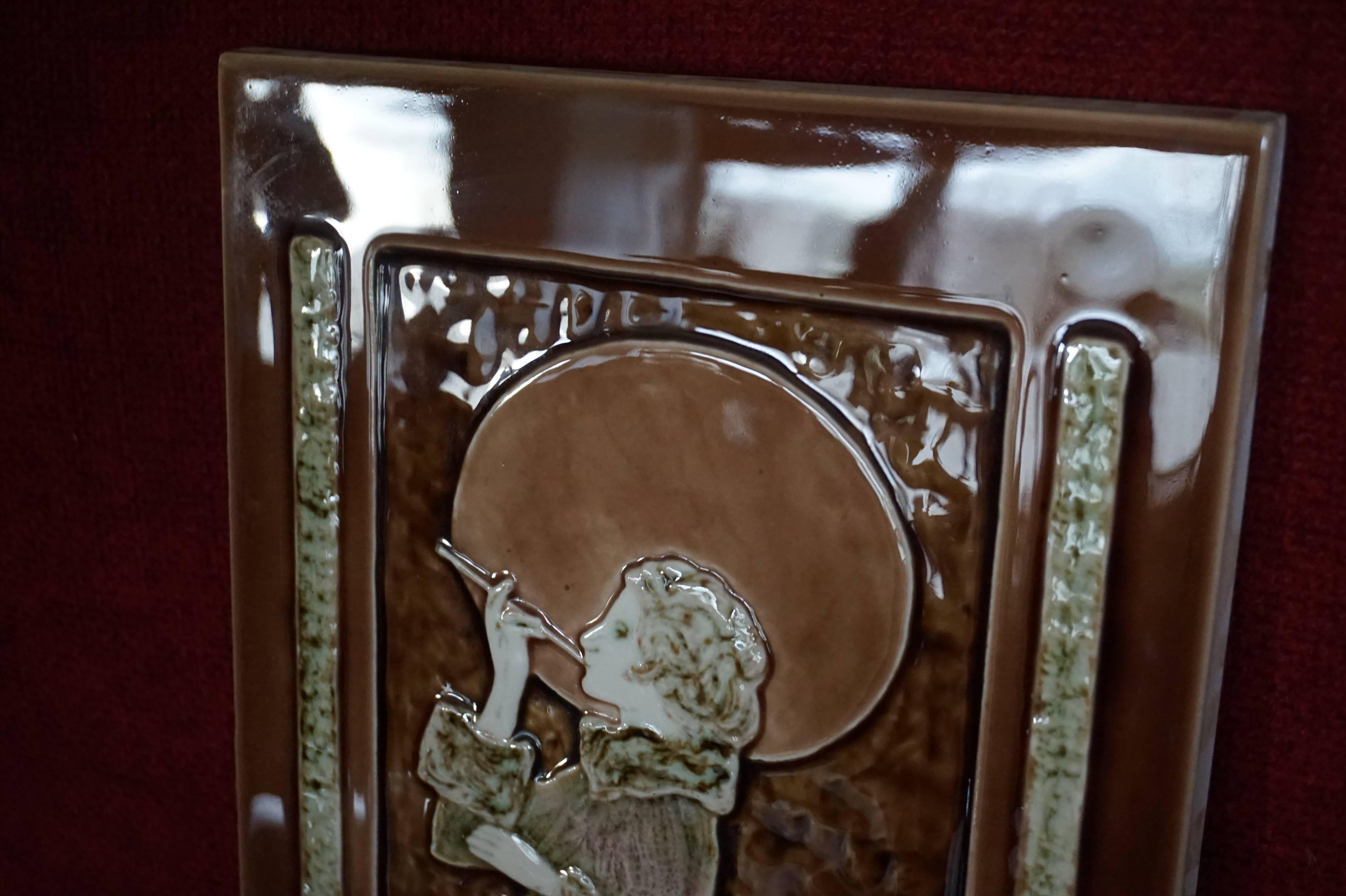 European Art Deco Style Majolica Glazed Tile in Relief Lady Smoking in the Moonlight For Sale