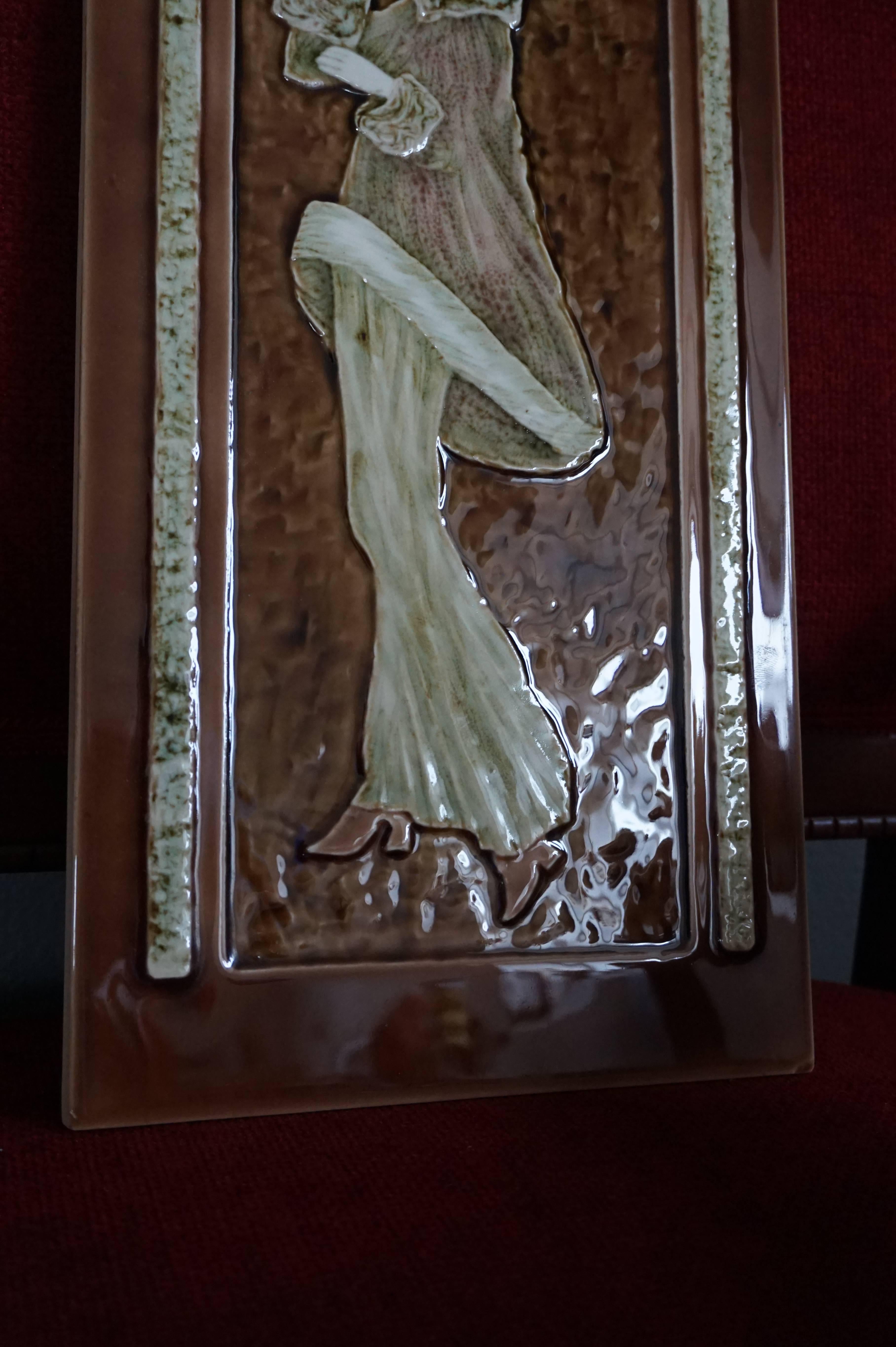 Hand-Crafted Art Deco Style Majolica Glazed Tile in Relief Lady Smoking in the Moonlight