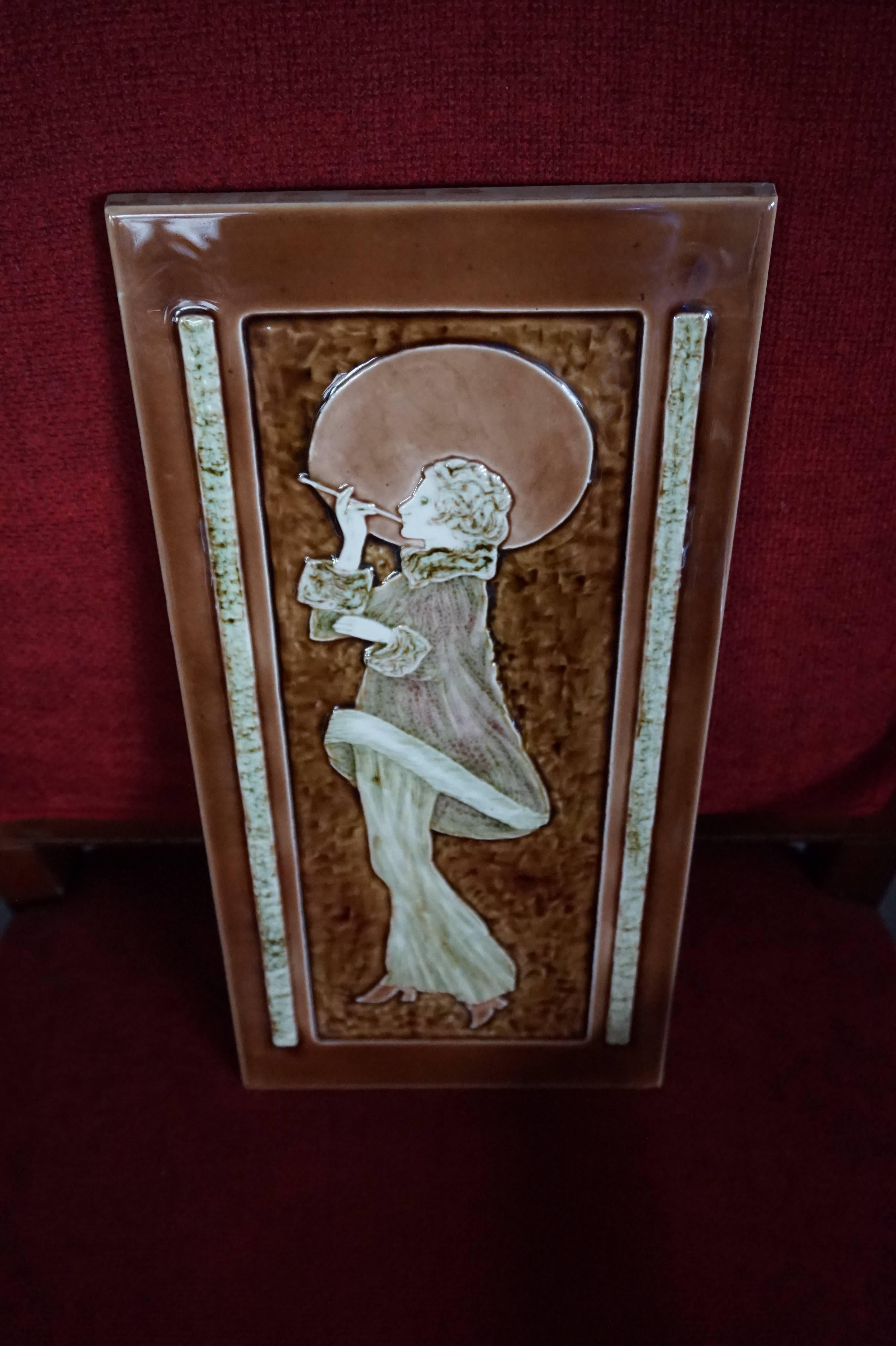 Ceramic Art Deco Style Majolica Glazed Tile in Relief Lady Smoking in the Moonlight For Sale