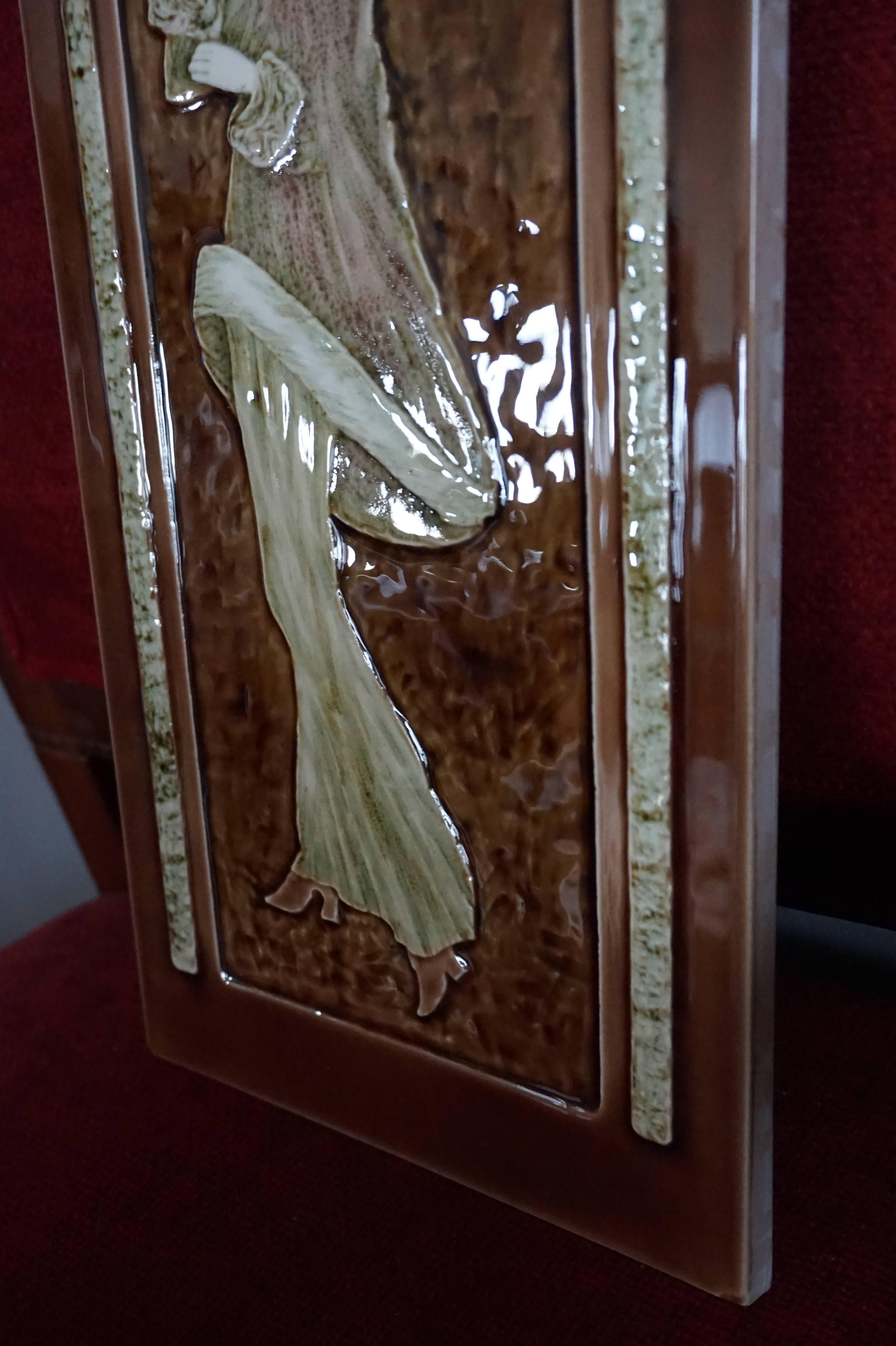 Art Deco Style Majolica Glazed Tile in Relief Lady Smoking in the Moonlight For Sale 2