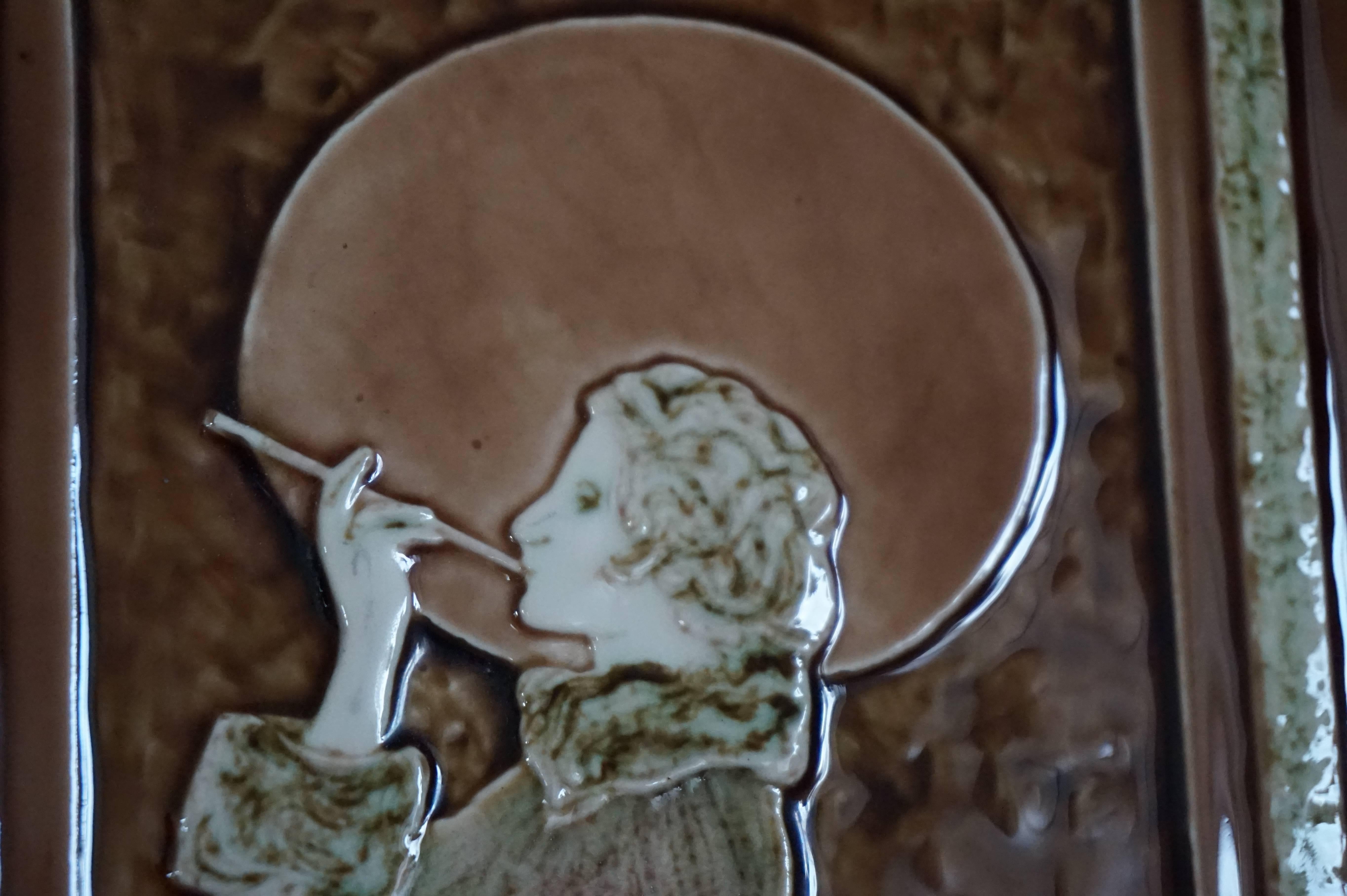 Art Deco Style Majolica Glazed Tile in Relief Lady Smoking in the Moonlight 2