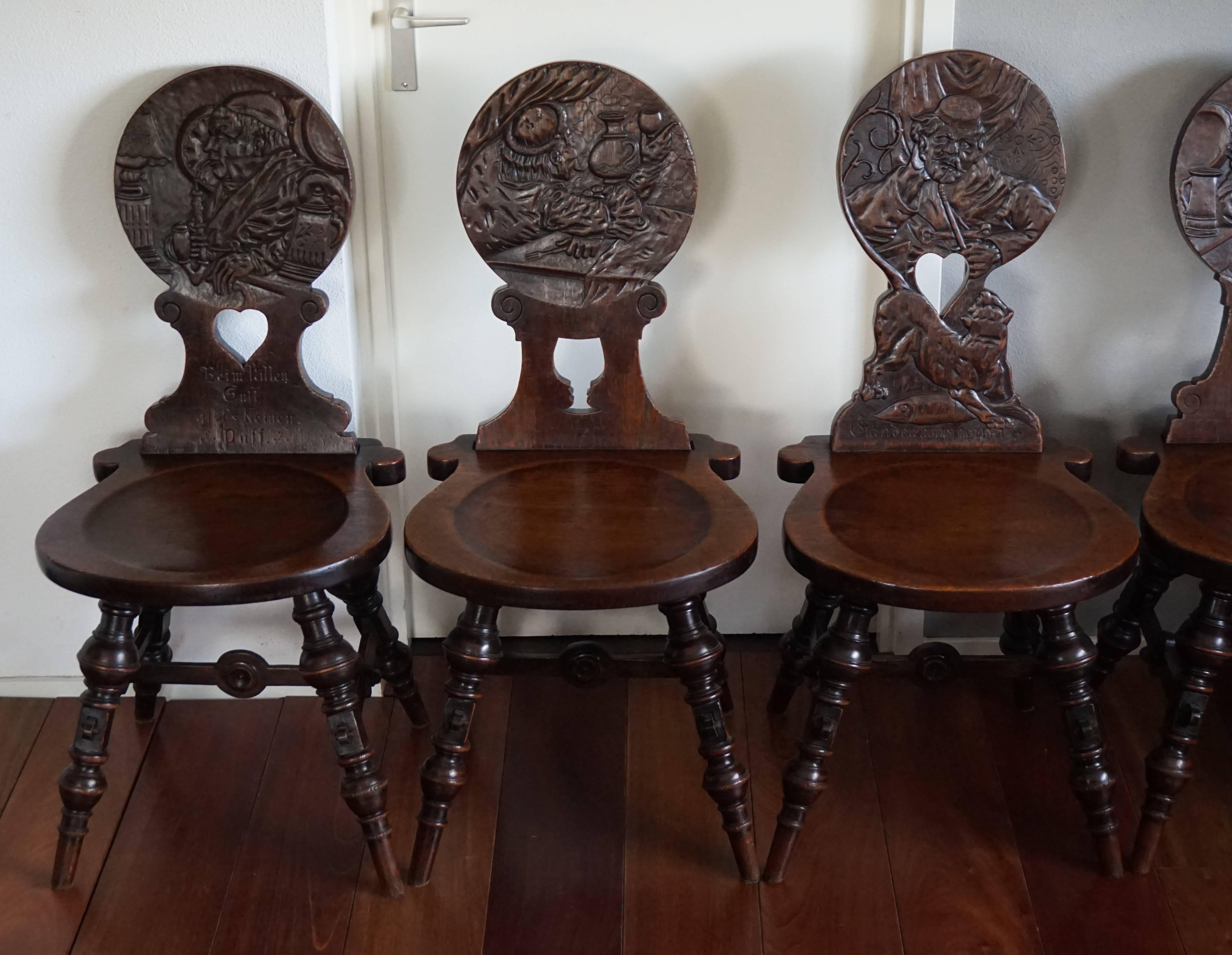 Unique set of six 19th century tavern chairs.

These extremely rare chairs should go to a museum, but if they go to a private buyer who appreciates and takes good care of them, that will be fine too. Over the years we have seen very few tavern