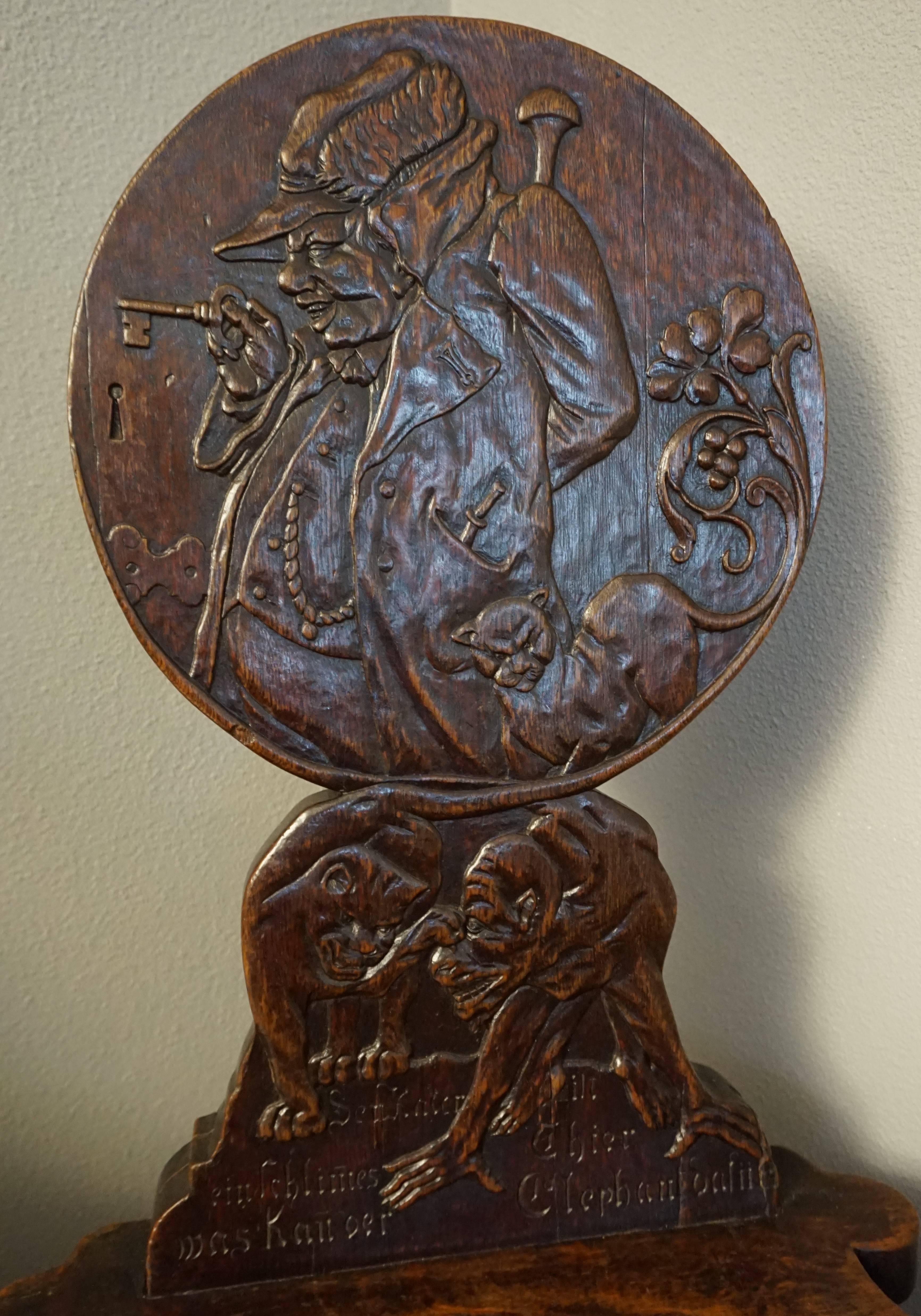 Six Antique & Hand-Carved German Tavern / Drinking Chairs with Aphorisms Sayings In Excellent Condition In Lisse, NL