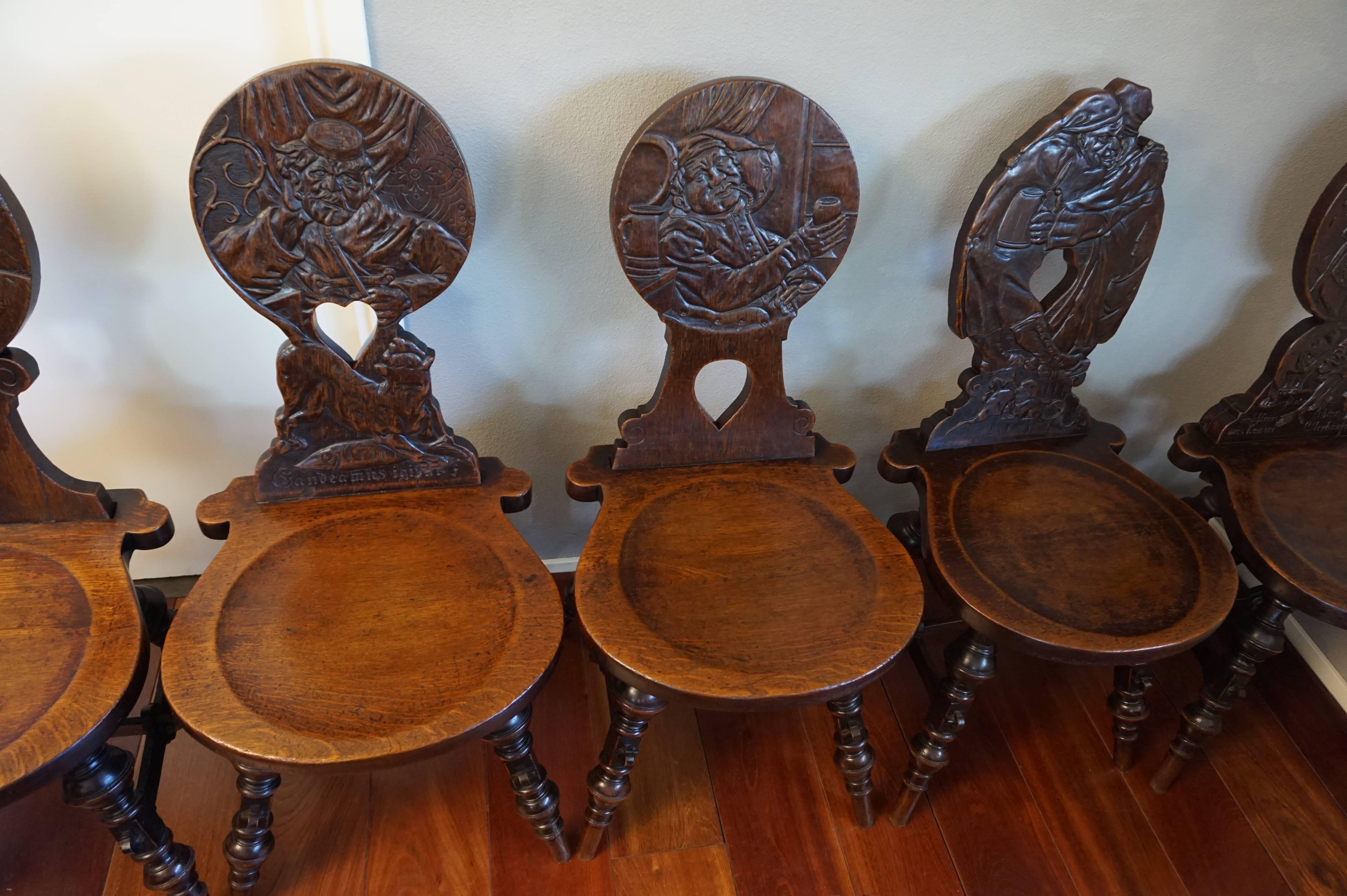 Oak Six Antique & Hand-Carved German Tavern / Drinking Chairs with Aphorisms Sayings