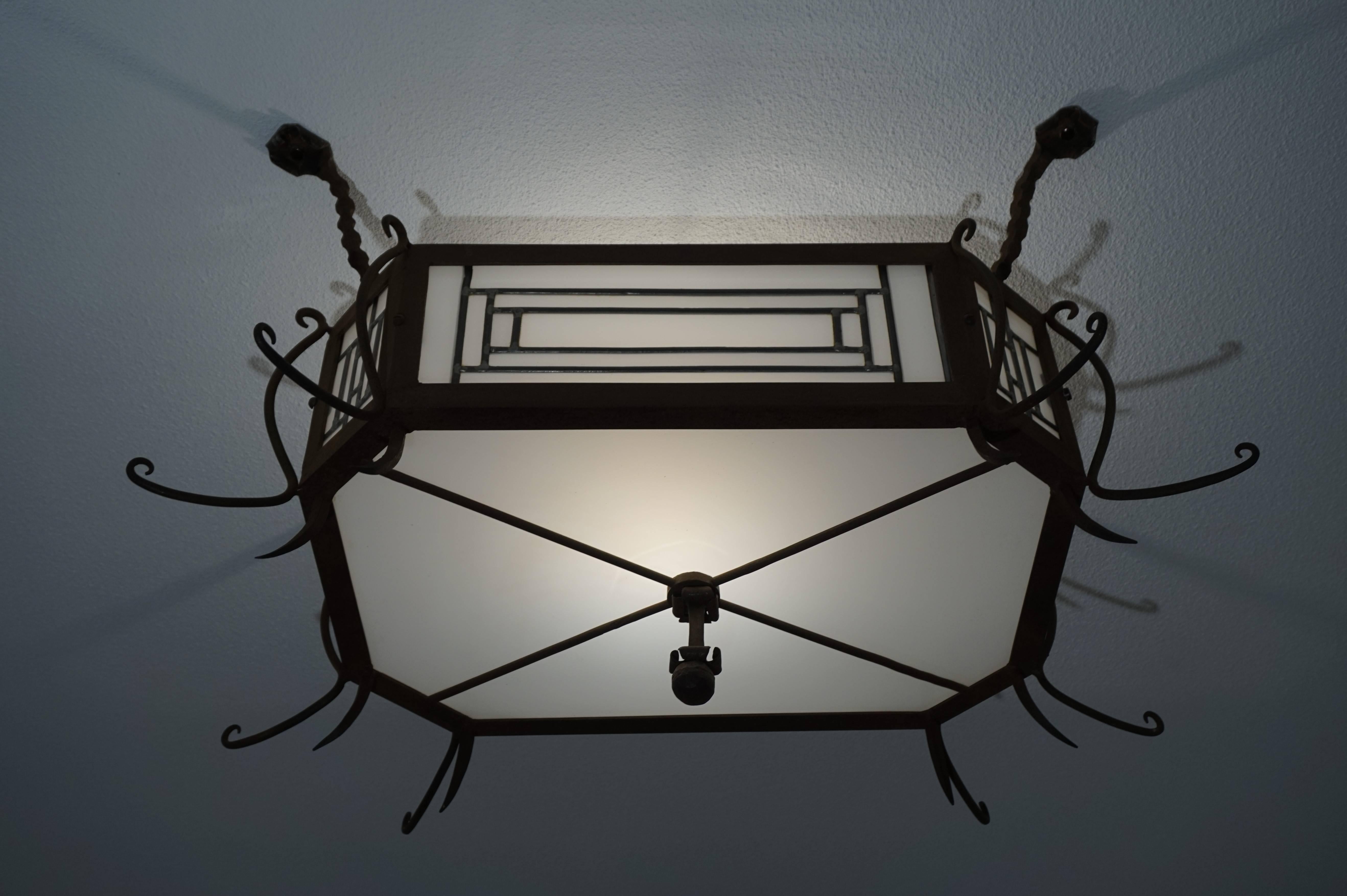 Art Deco Wrought Iron & White Stained Leaded Glass Flush Mount / Ceiling Lamp  2