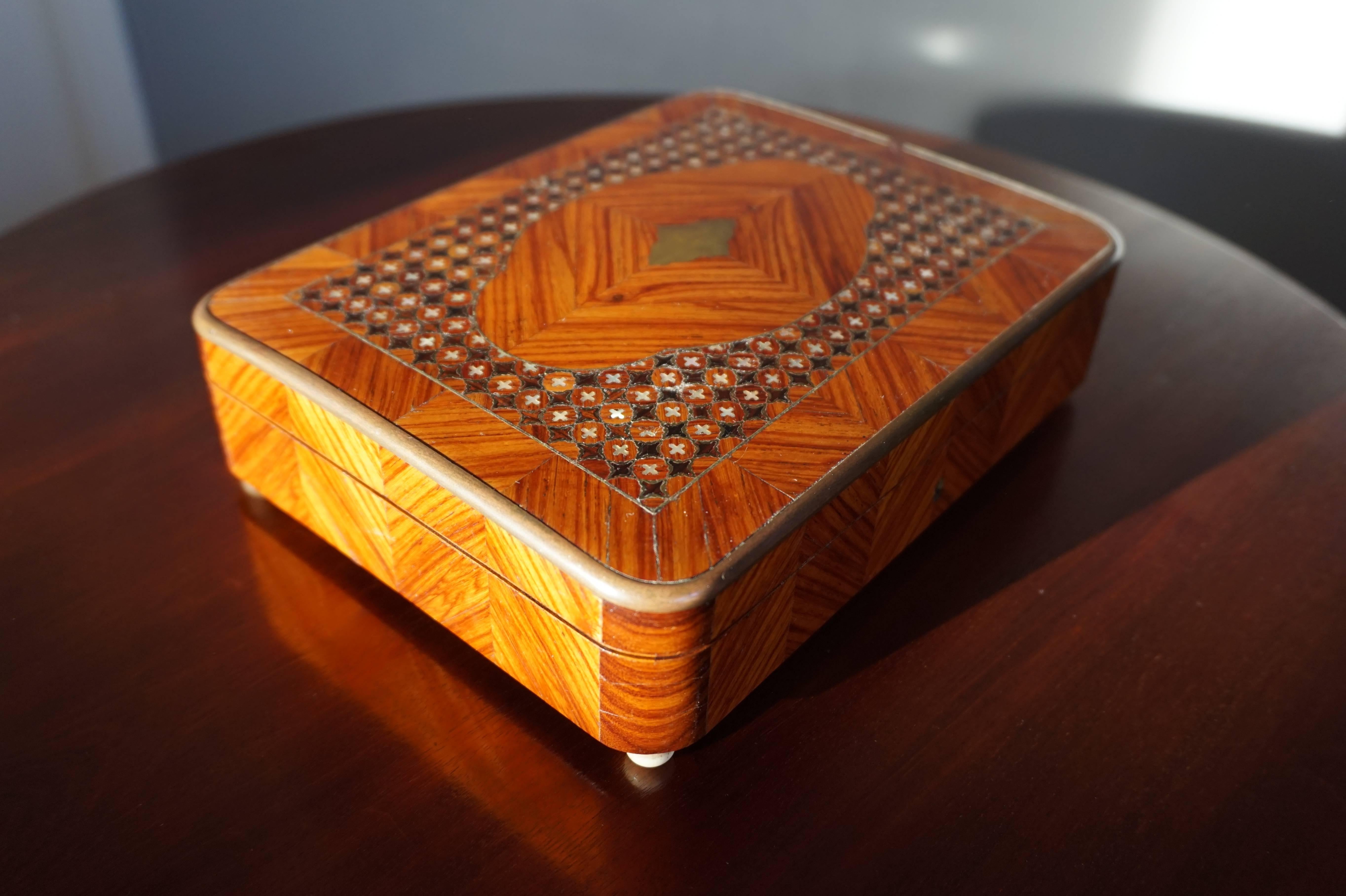 Napoleon III Antique & Unique French Satinwood and Nutwood Jewelry Box with Brass Inlay 1800s For Sale